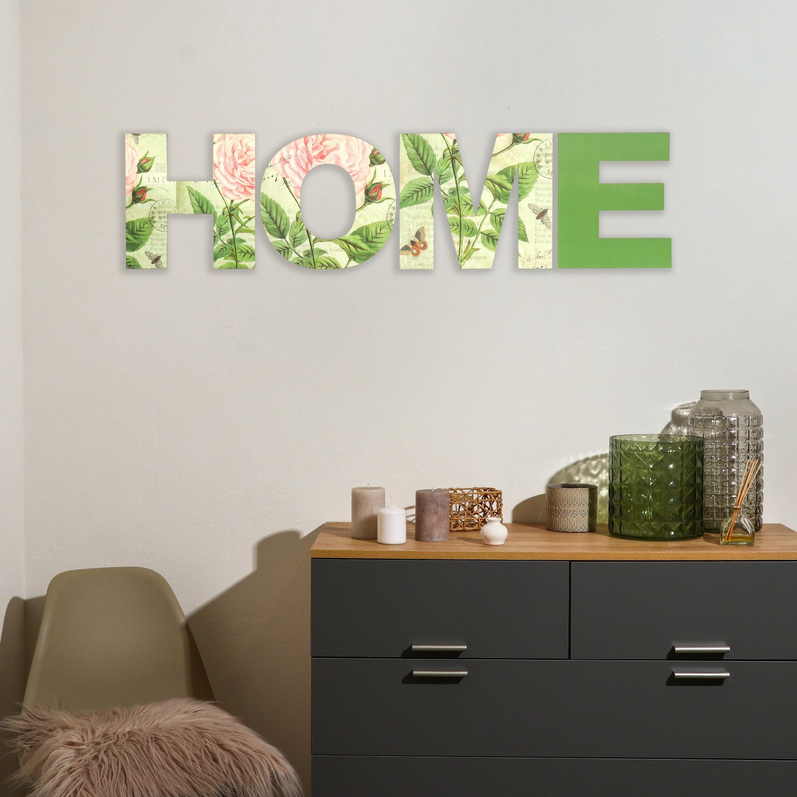 Изображение товара Панно на стену декоративное "Home. Розы и бабочки" высота букв 19.5 см набор 4 детали, зелёный
