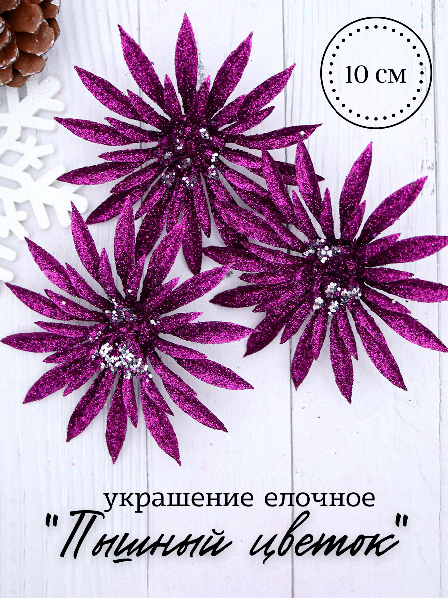 Изображение товара Набор елочных игрушек Пышный цветок Зимнее волшебство 3555438 10 см х 10 см фиолетовый