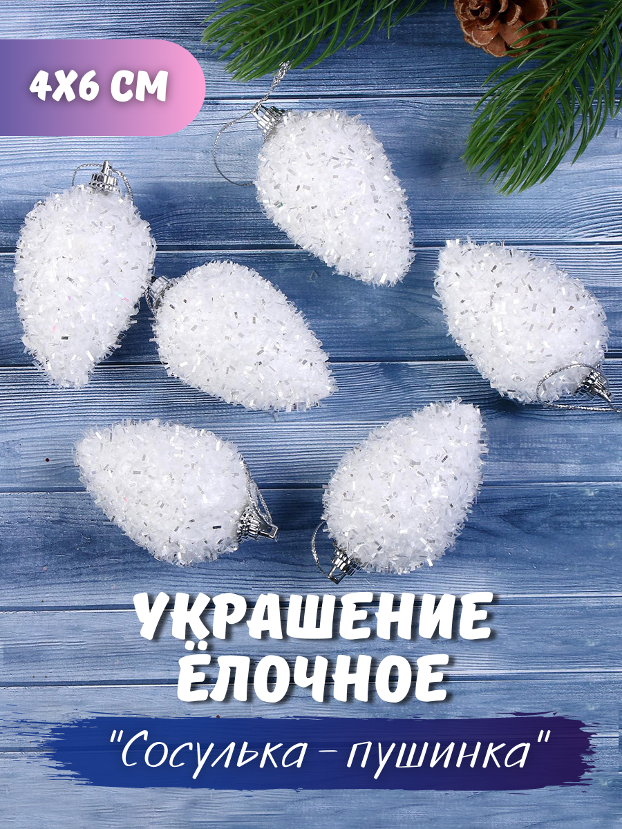 Изображение товара Набор елочных игрушек Сосулька - пушинка Зимнее волшебство 3570508 4 см белый 6 шт