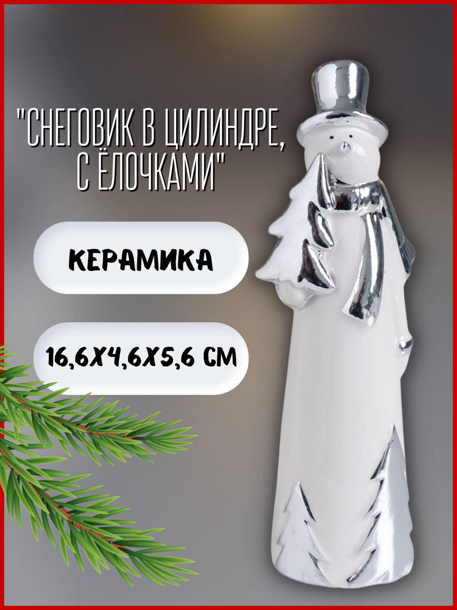 Изображение товара Новогодняя фигурка Simaland Снеговик в цилиндре с ёлочками серебро 16.6x4.6x5.6 см