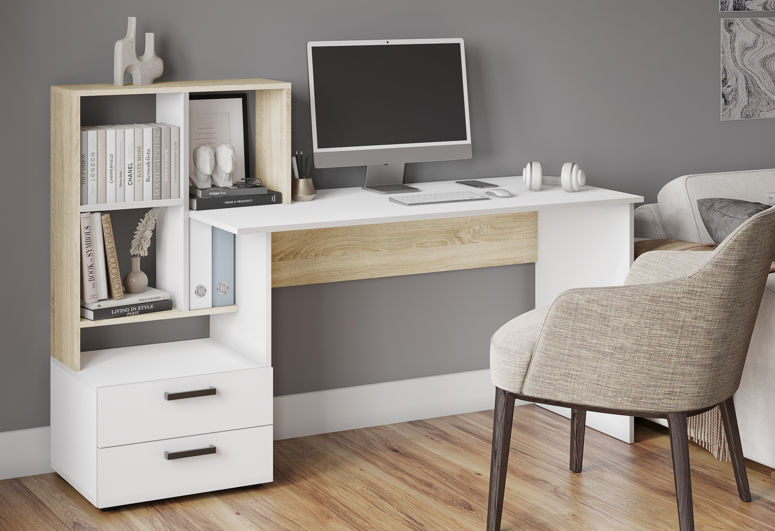 Изображение товара Компьютерный стол Микон СКМ-5 135x135x60 см ЛДСП цвет белый/дуб сонома