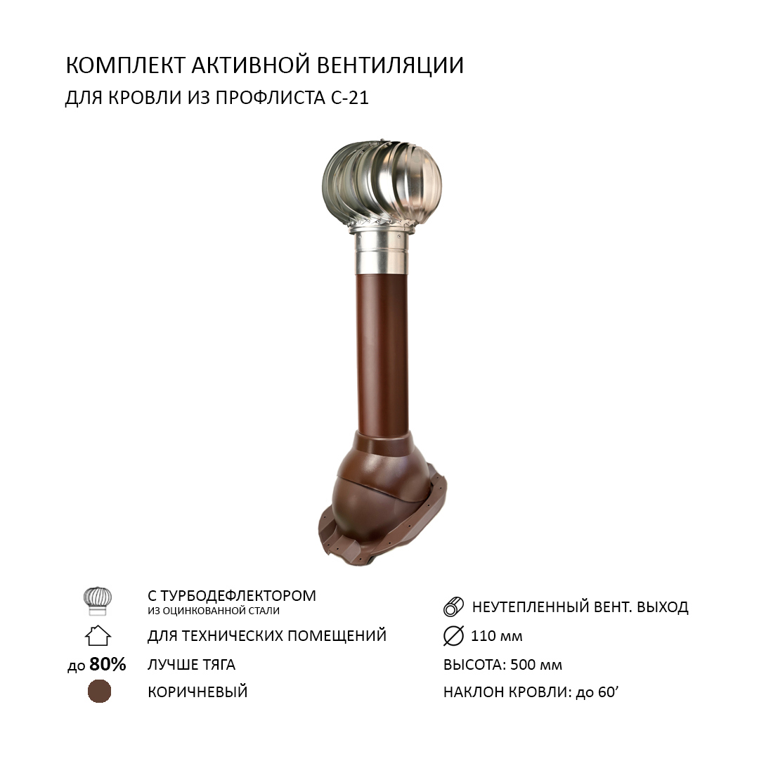 Изображение товара Турбодефлектор Polivent TD11 0ОЦ 110 неутепленный для кровельного профнастила С-21 мм цвет коричневый