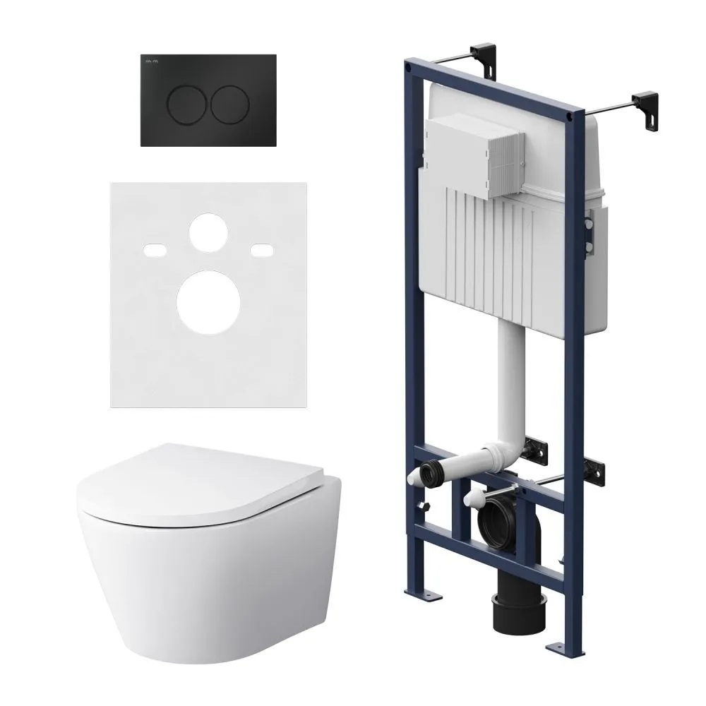 Изображение товара Инсталляция с подвесным унитазом AM.PM Sense FlashClean IS70138.741701, механическая кнопка ProC L черный матовый, безободковый, сиденье с микролифтом