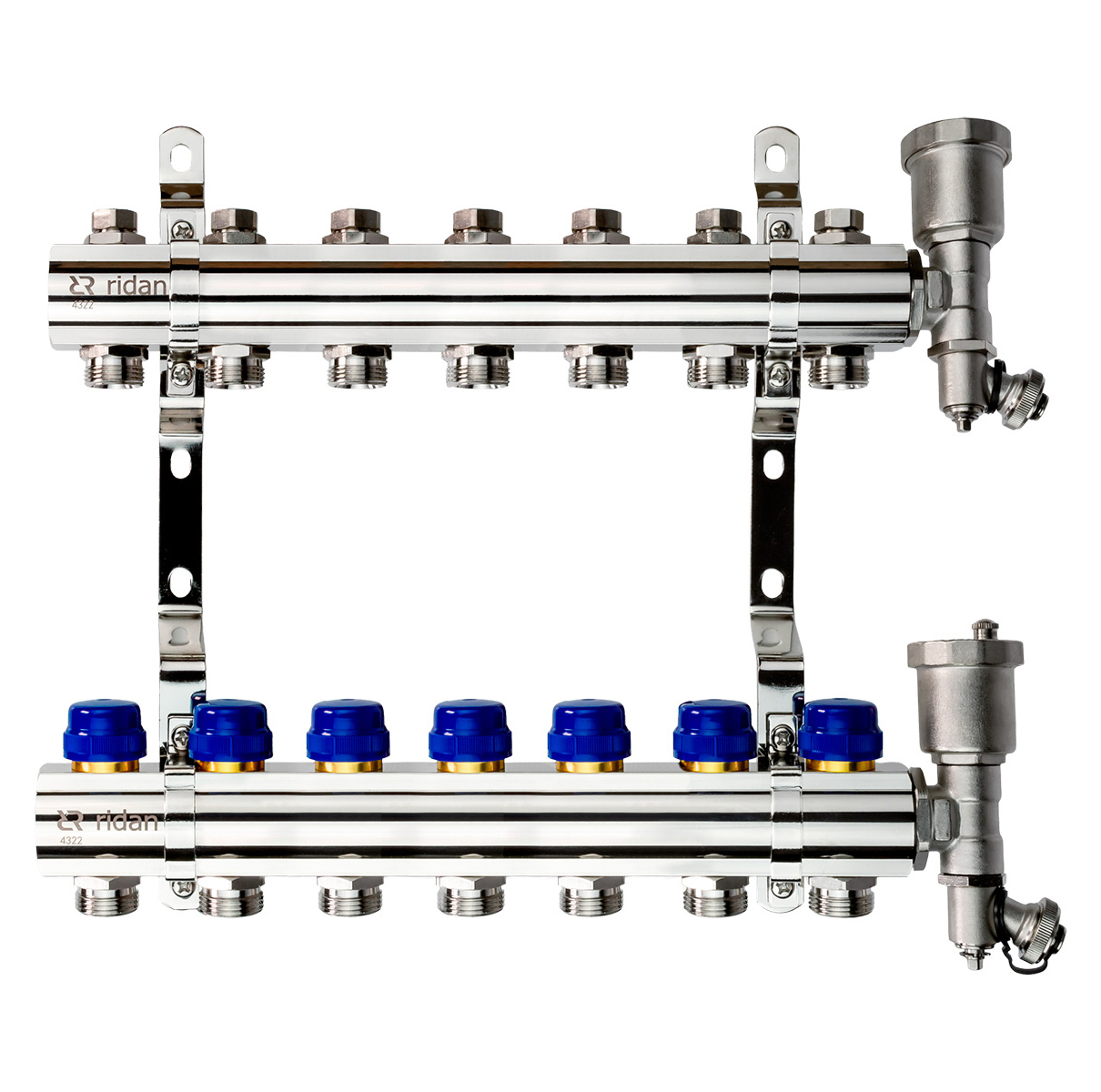 Изображение товара Коллектор Ридан на 7 выходов 1"x3/4" с кронштейнами и воздухоотводчиками латунь