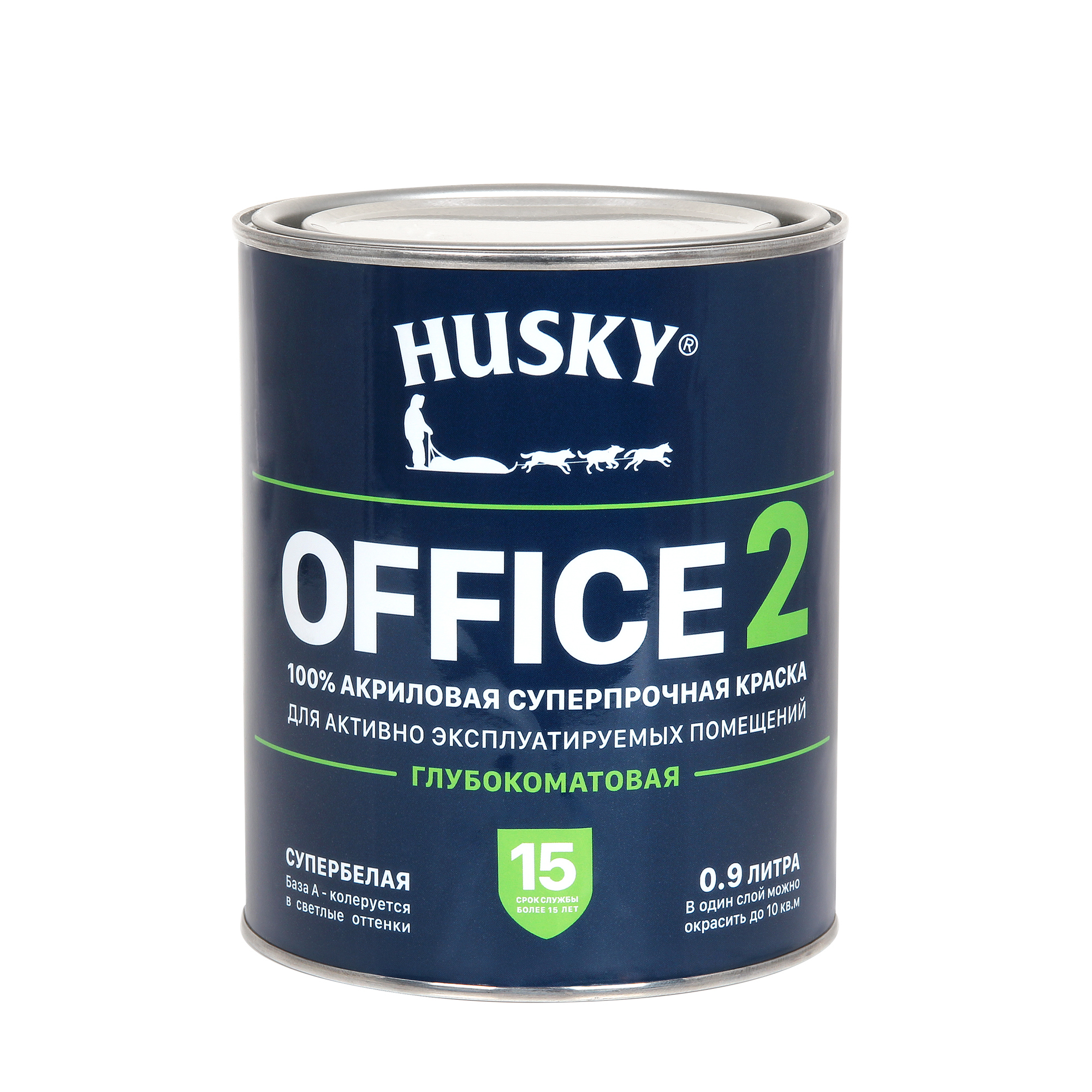 Изображение товара Краска для стен и потолков моющаяся Husky Office 2 суперпрочная глубокоматовая цвет супербелый база А 0.9 л