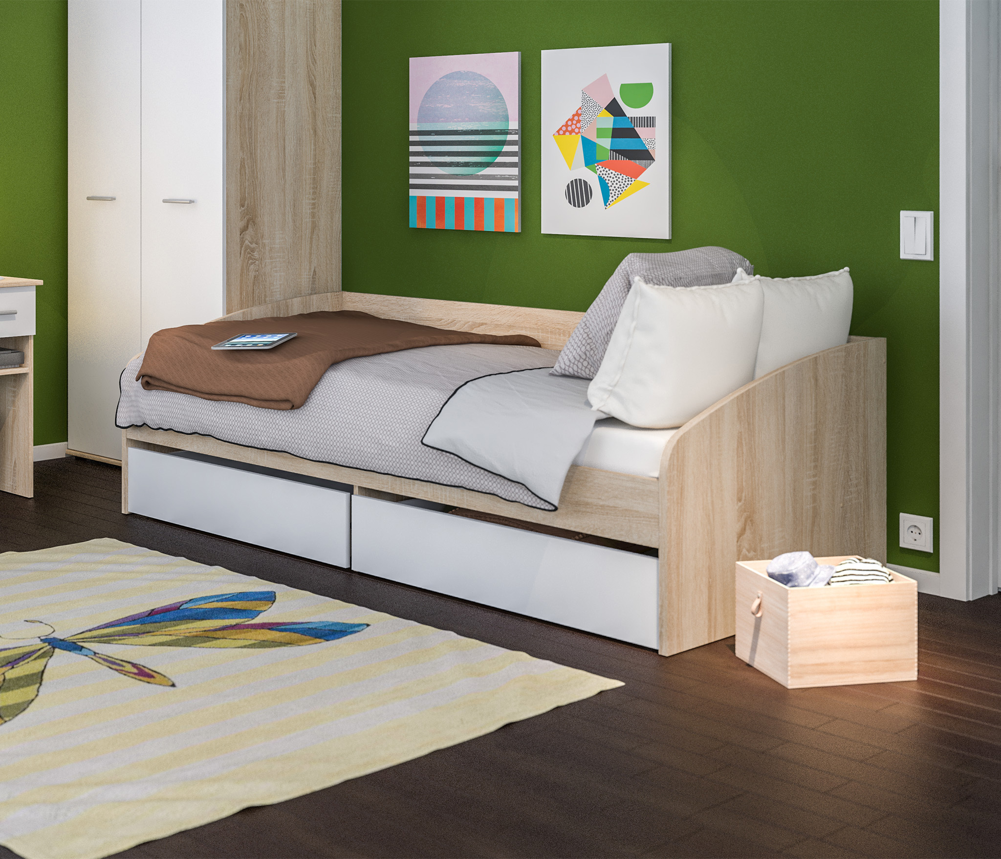 Изображение товара Столплит Мамбо кровать 90x200 см с ящиками и ЛДСП цвет дуб сонома/белый