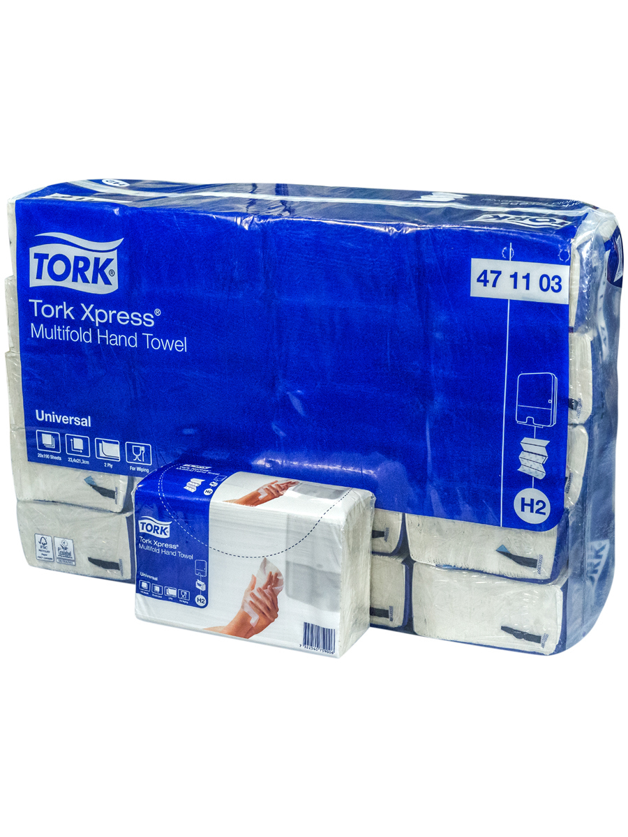 Изображение товара Бумажное полотенце Tork Multifold Xpress H2 2-слойное с серым тиснением 234x213 мм 190 листов 20 шт Изображение товара Бумажное полотенце Tork Multifold Xpress H2 2-слойное с серым тиснением 234x213 мм 190 листов 20 шт