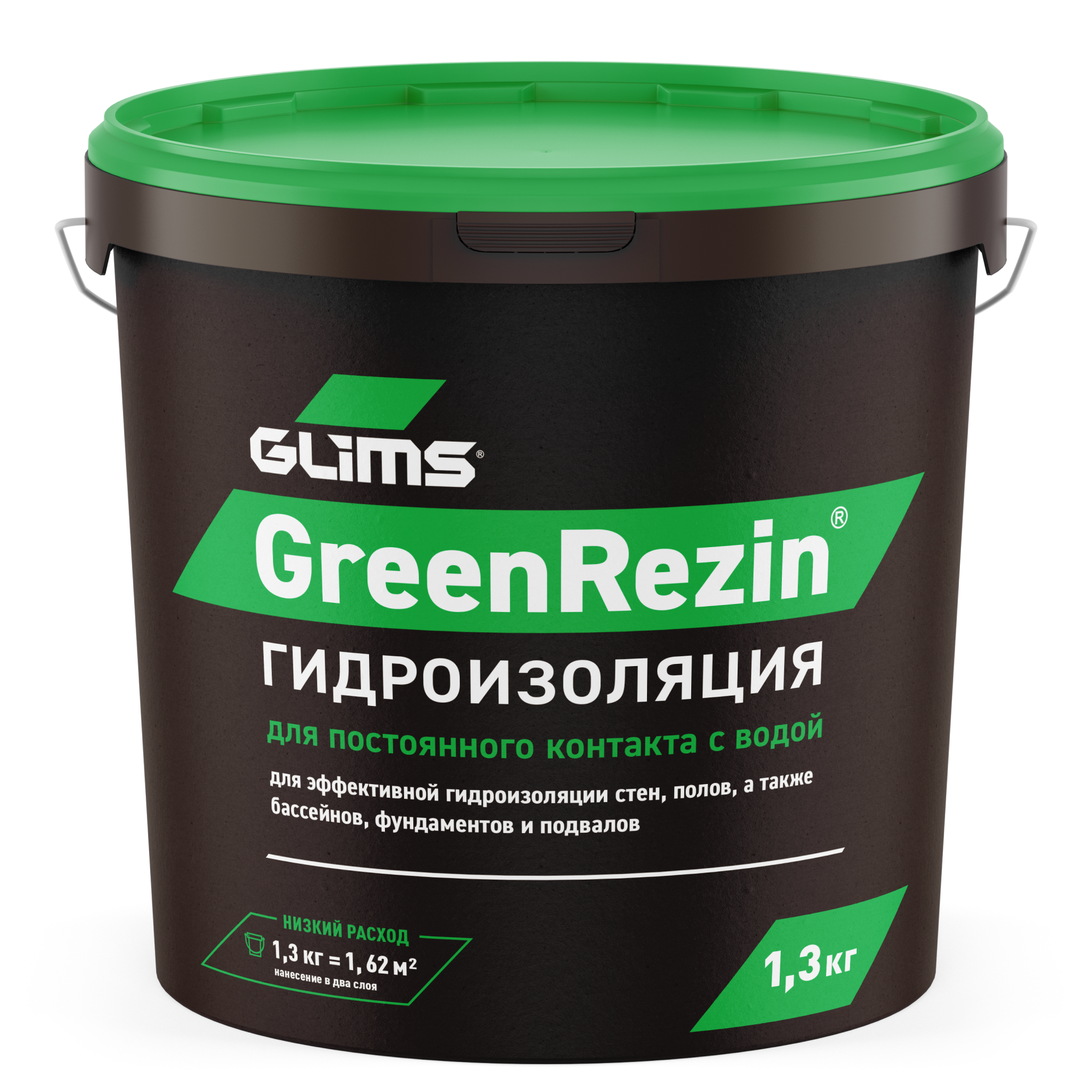 Изображение товара Гидроизоляция эластичная Glims GreenRezin 1.3 кг для внутренний и наружных работ