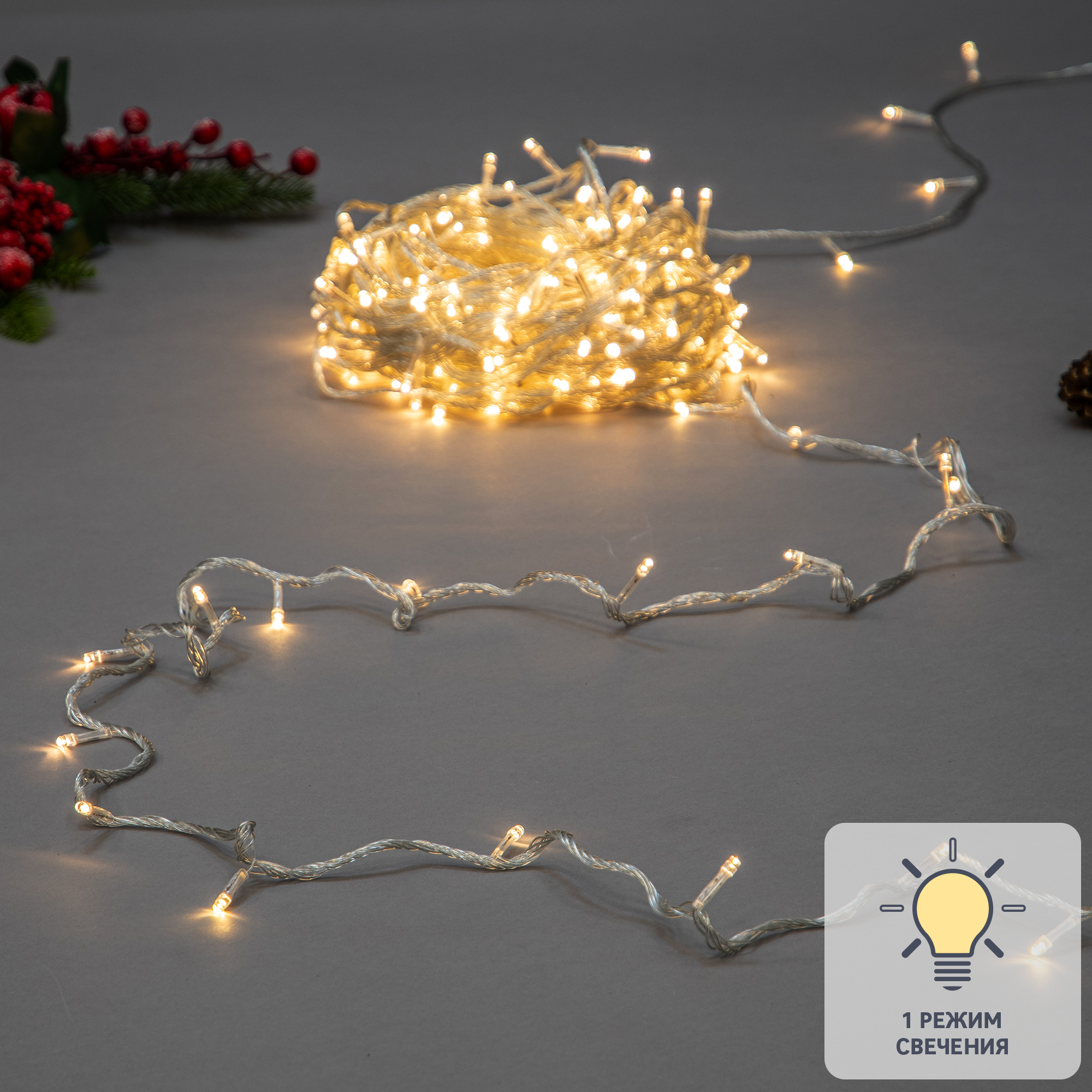Изображение товара Гирлянда светодиодная нить Uniel электрическая 25 м теплый белый свет 1 режим 225 ламп цвет прозрачный