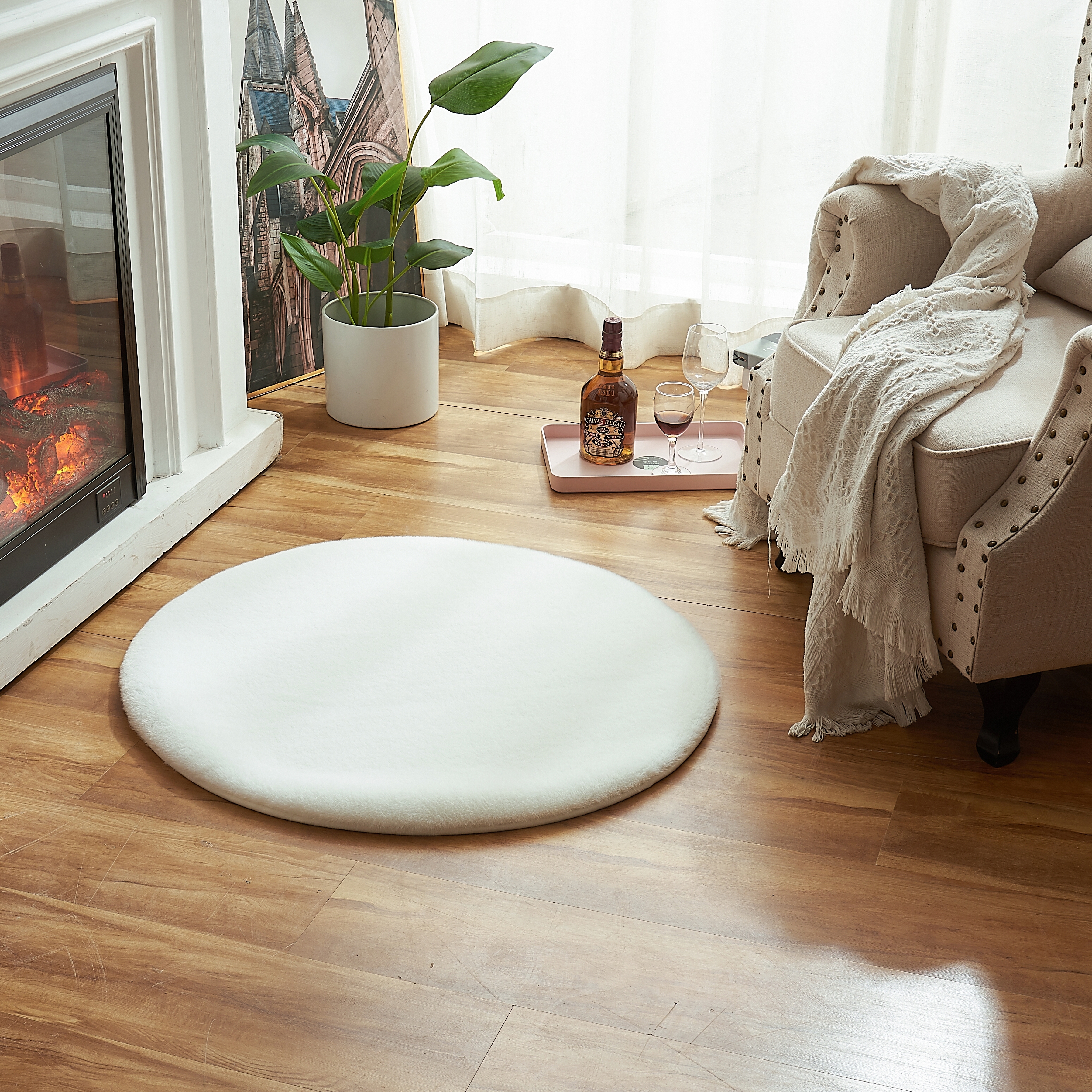 Изображение товара Круглый декоративный ковёр Bingo из полиэстера 80 см белый с антислиповым покрытием