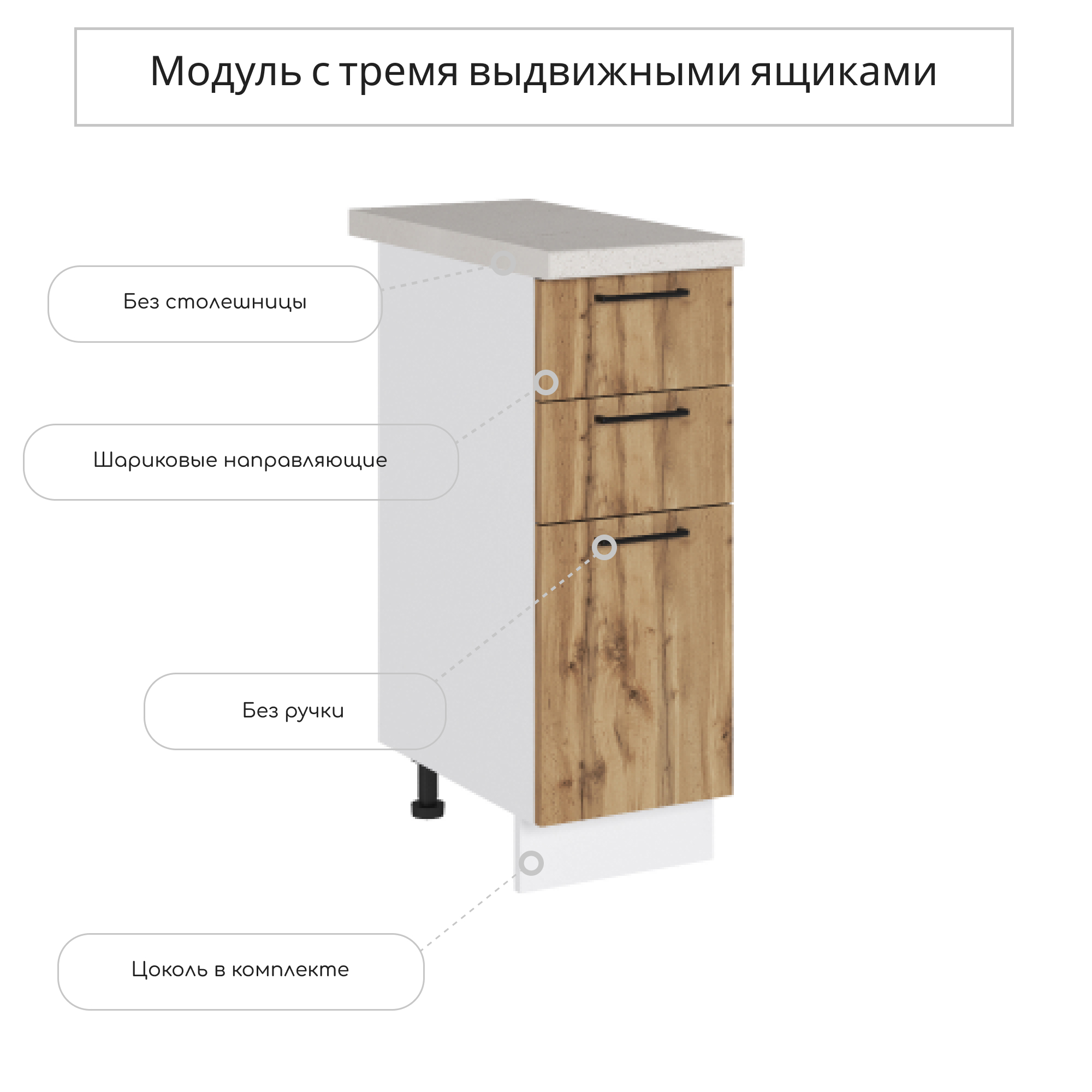 Изображение товара Напольный шкаф Хелмер из ЛДСП 30x81.6x47.8 см с 3 ящиками и регулируемыми ножками