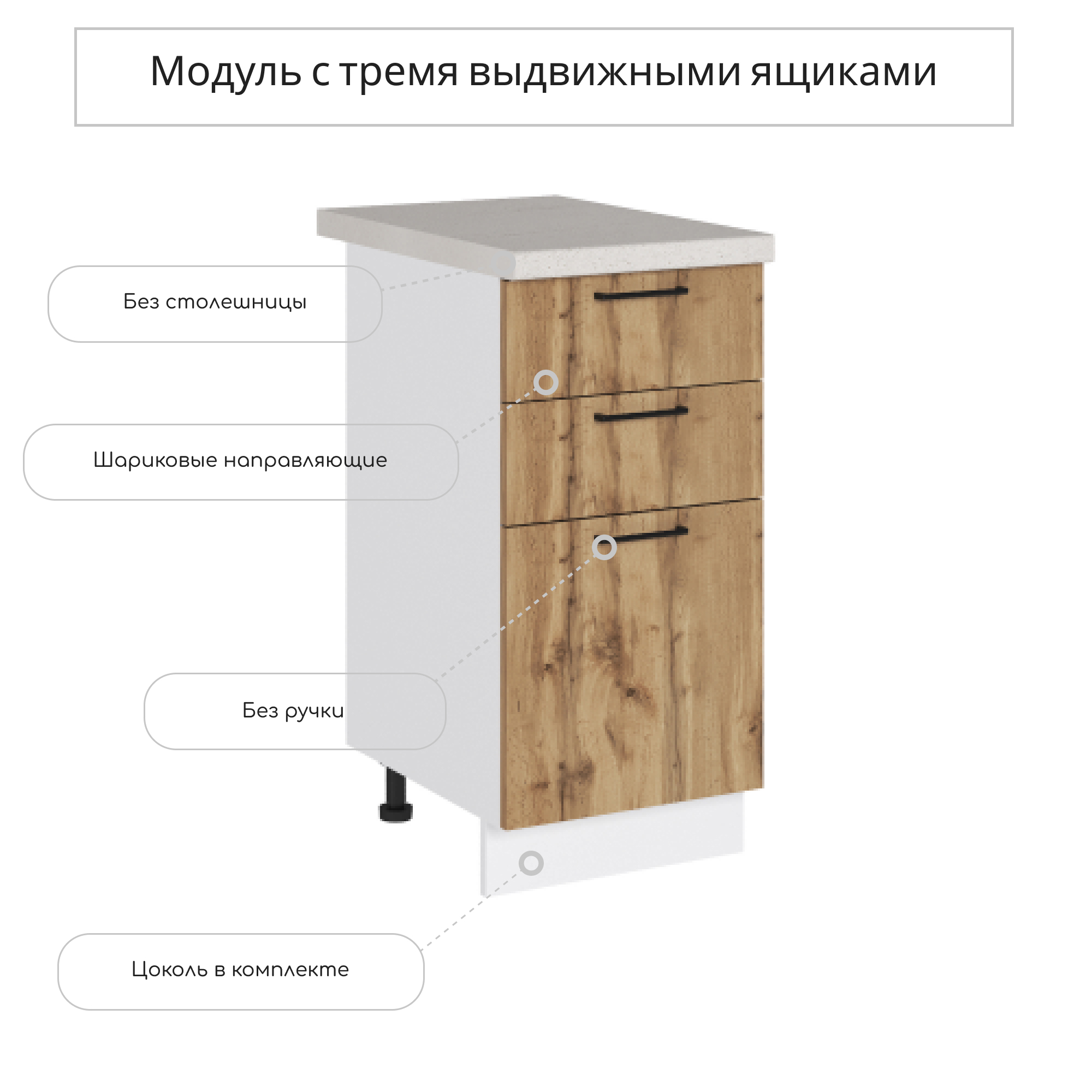 Изображение товара Напольный шкаф Сурская Мебель Хелмер 40x81.6x47.8 см с 3 ящиками белый дуб вотан