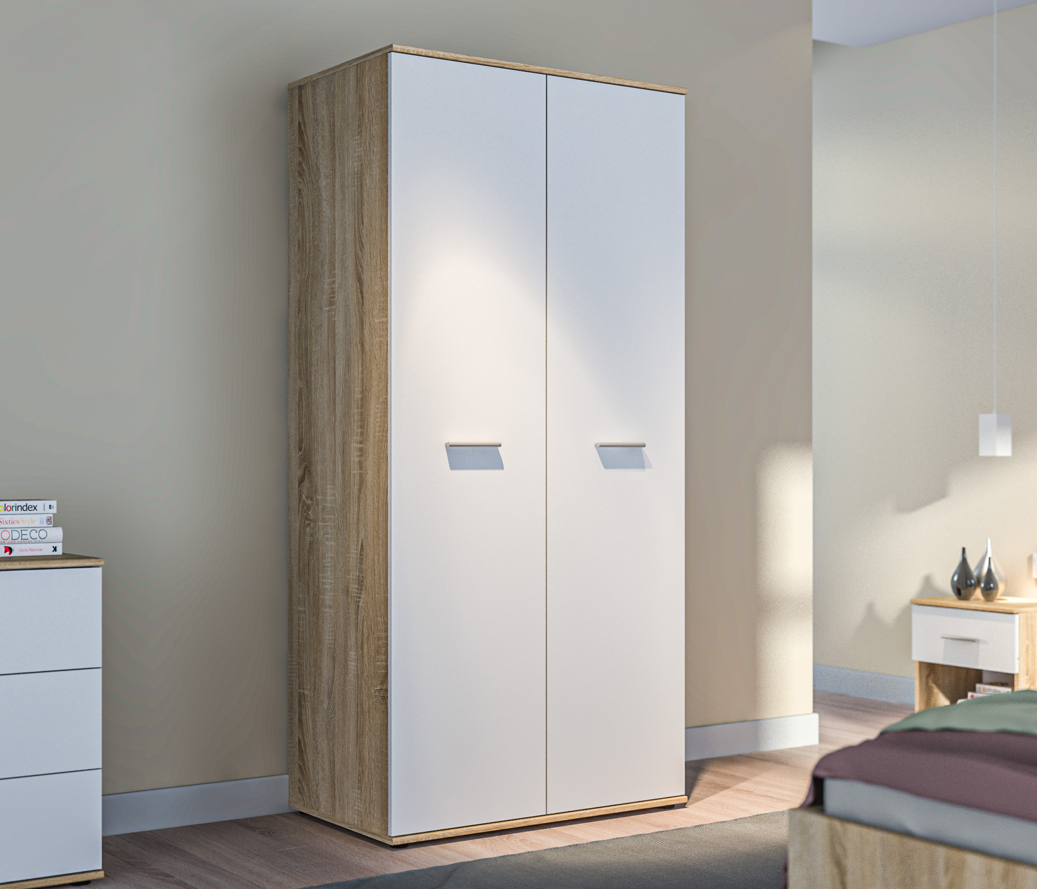 Изображение товара Шкаф распашной Мамбо 90x191x55 см ДСП В цвете дуб сонома и белый