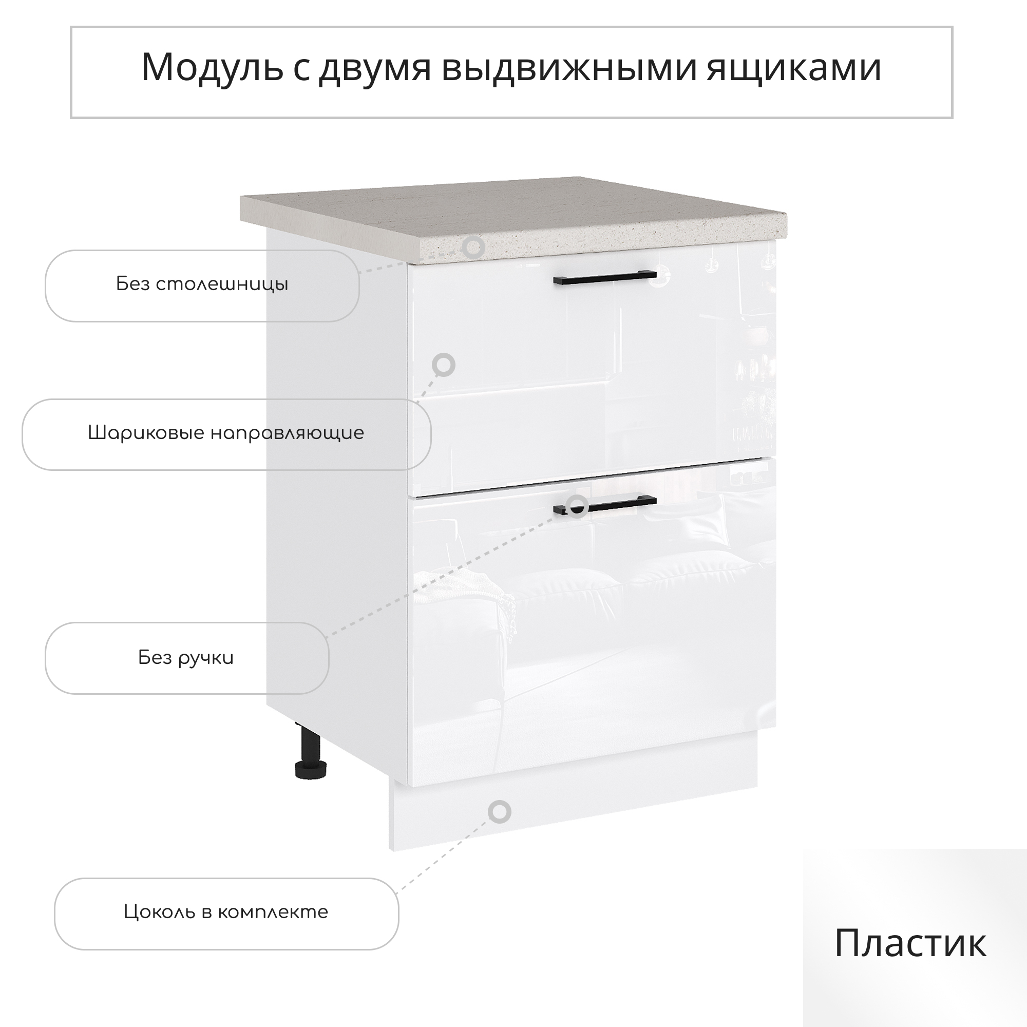 Изображение товара Напольный шкаф с 2 ящиками Эстетик 60x81.6x47.8 см из ЛДСП и МДФ, белый