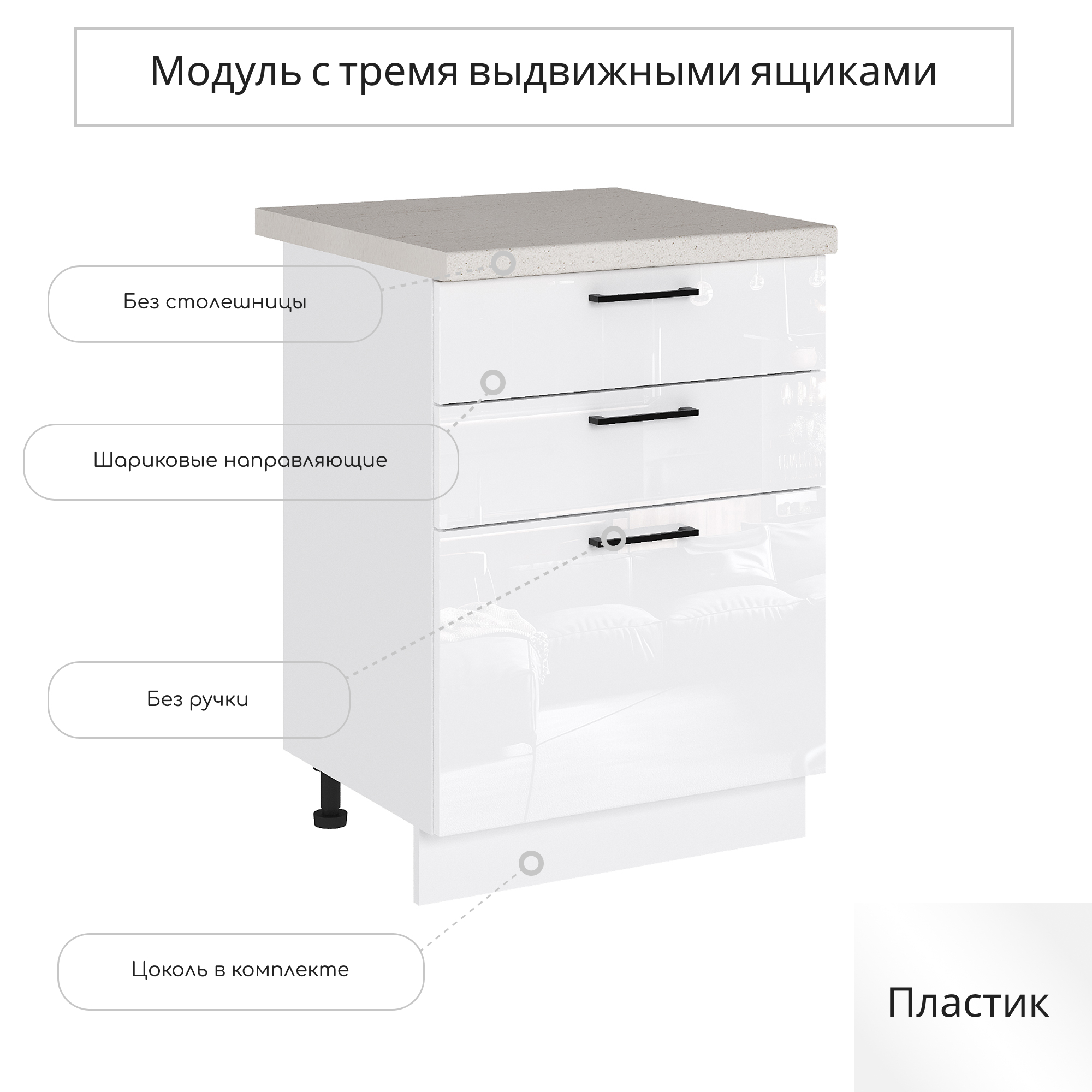 Изображение товара Напольный шкаф с 3 ящиками Сурская мебель Эстетик 60x81.6x47.8 см белый