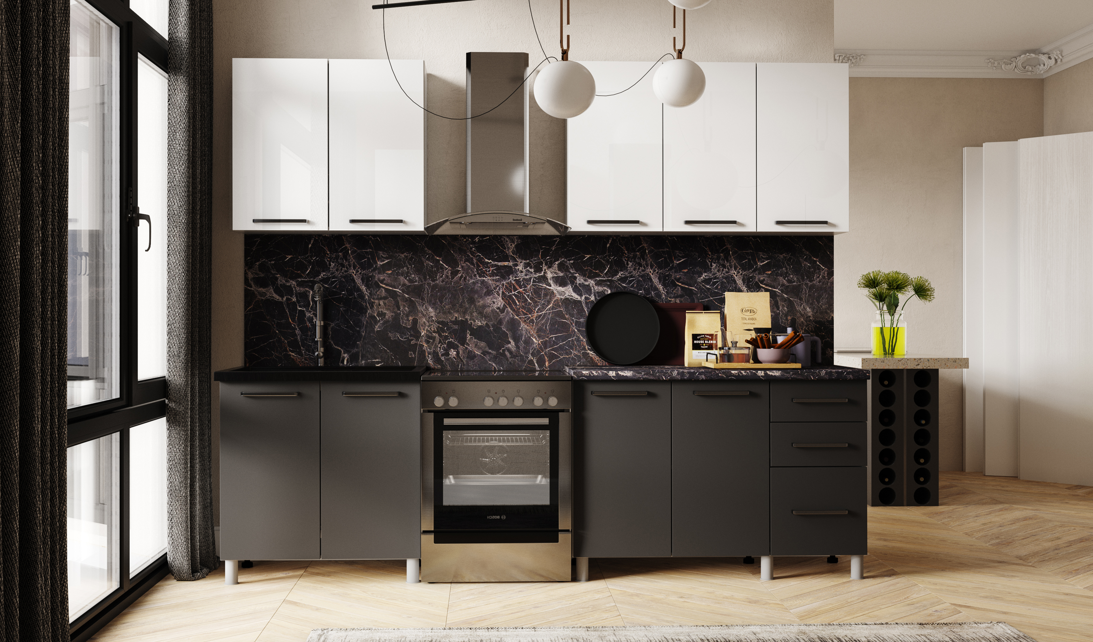 Изображение товара Кухонный гарнитур Mebiplex Ребекка 200x215x60 см ЛДСП цвет белый/мрамор/графит