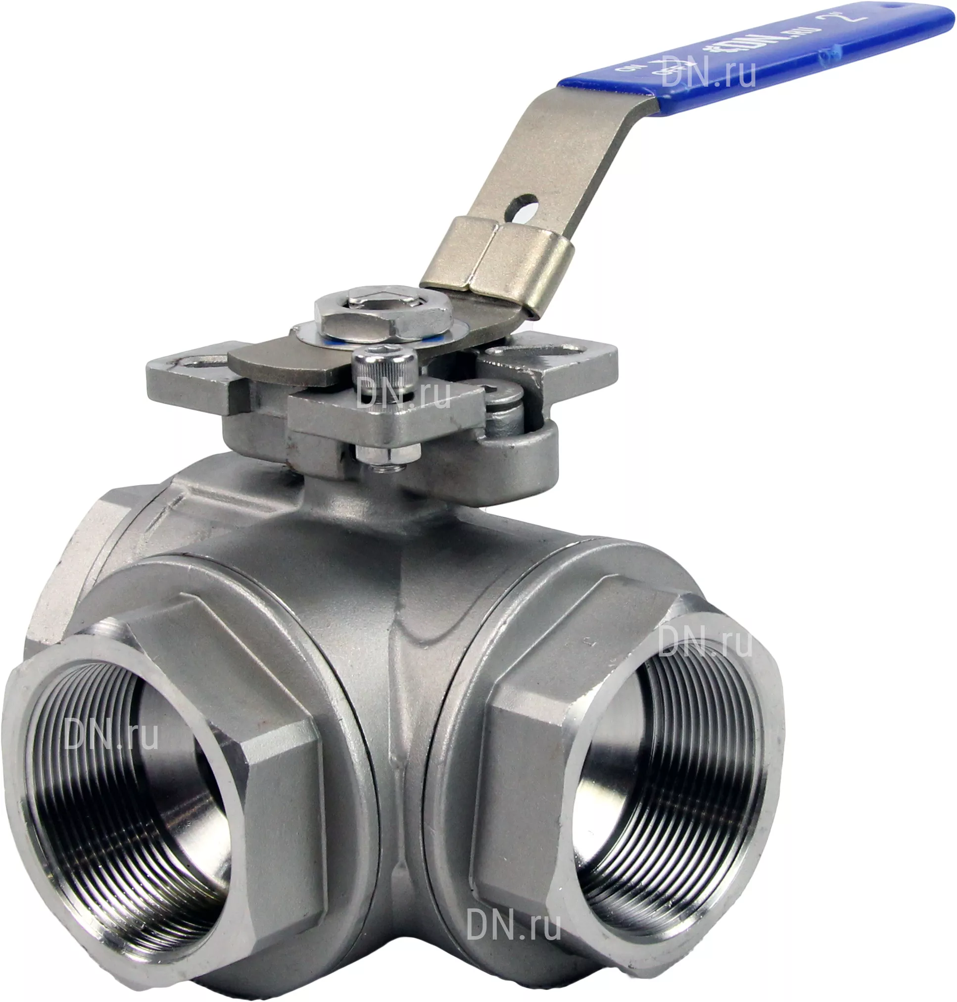Изображение товара Кран шаровой 3-ходовой T-тип Dn.ru Ду20 Ру63 3/4" внутренняя-внутренняя резьба рычаг синий нержавеющая сталь 316