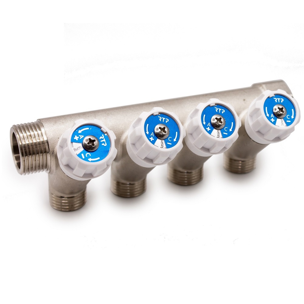 Изображение товара Латунный коллектор RTP с 4 выходами 1"x3/4" для водоснабжения и отопления
