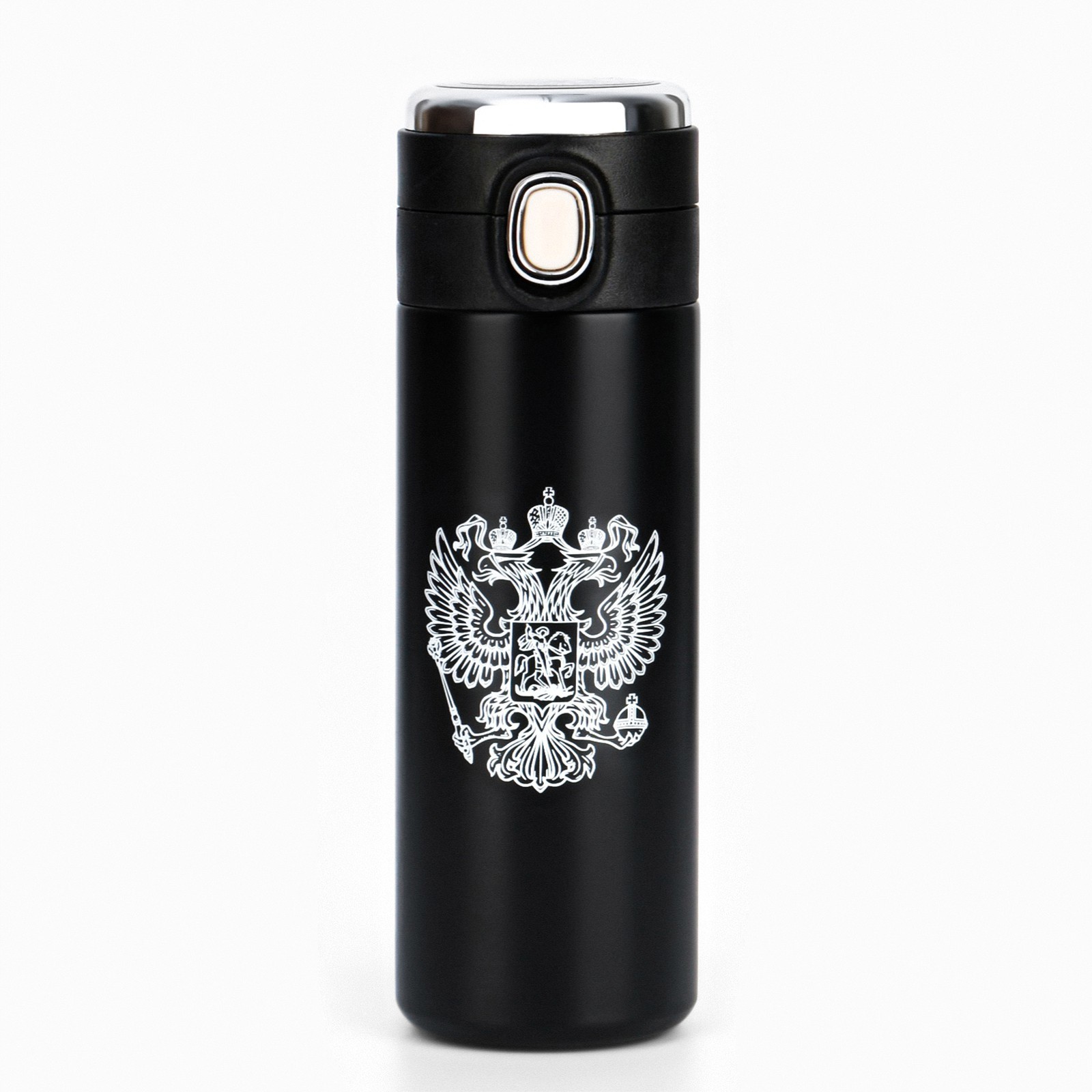 Изображение товара Термос 420 мл Мастер К Герб металлическая колба черный для горячих и холодных напитков