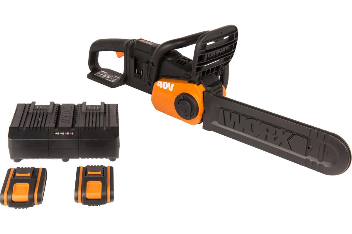 Изображение товара Аккумуляторная цепная пила Worx WG384E 20 В бесщеточный двигатель комплект 2 аккумулятора