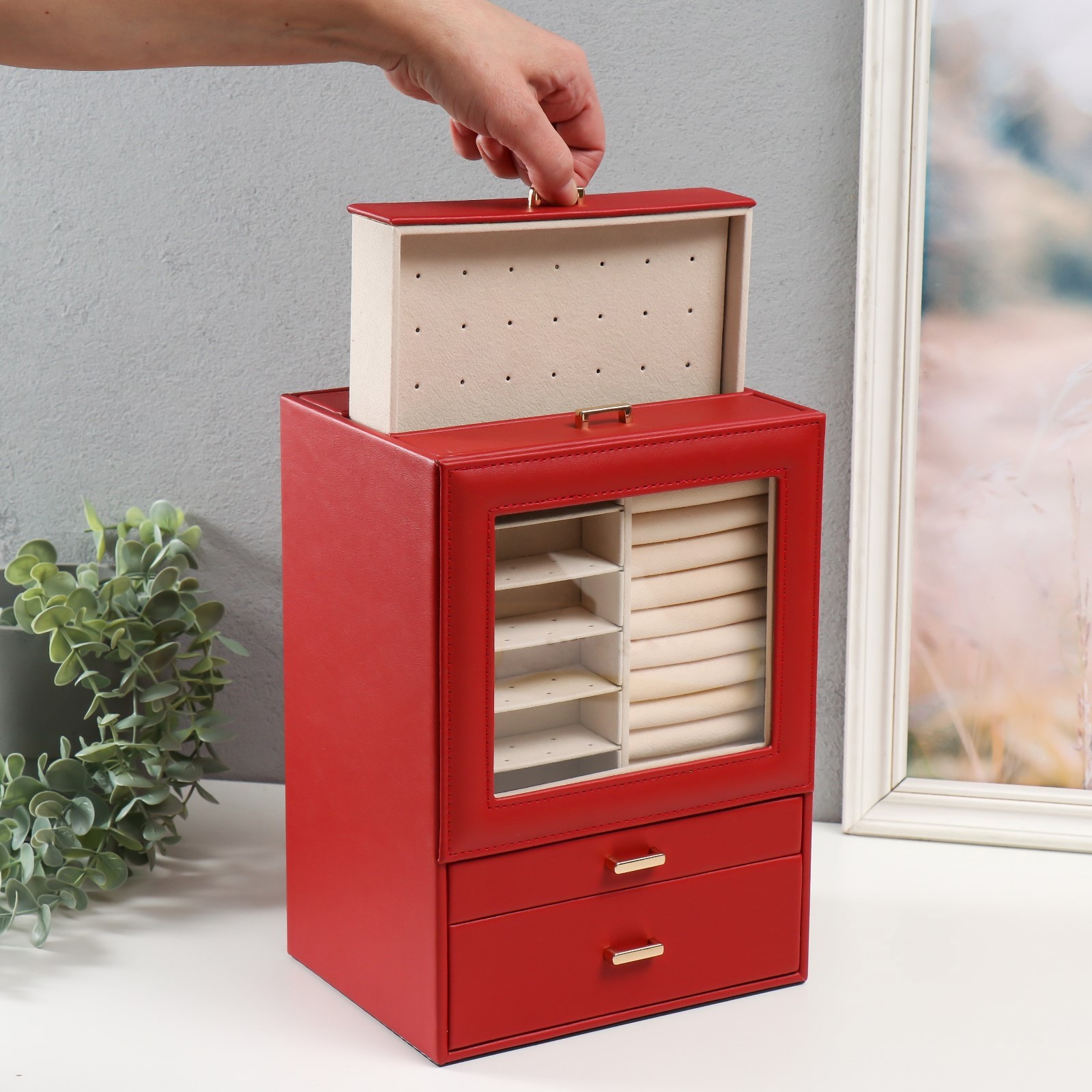 Изображение товара Шкатулка для украшений "Архивариус с двумя ящичками" бордовая 20x15.5x28 см