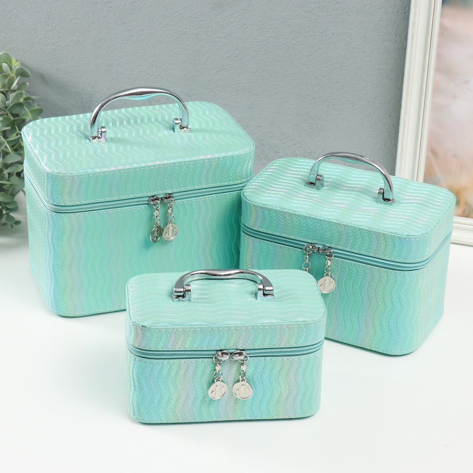 Изображение товара Шкатулка с зеркалом волны Мята набор 3 шт