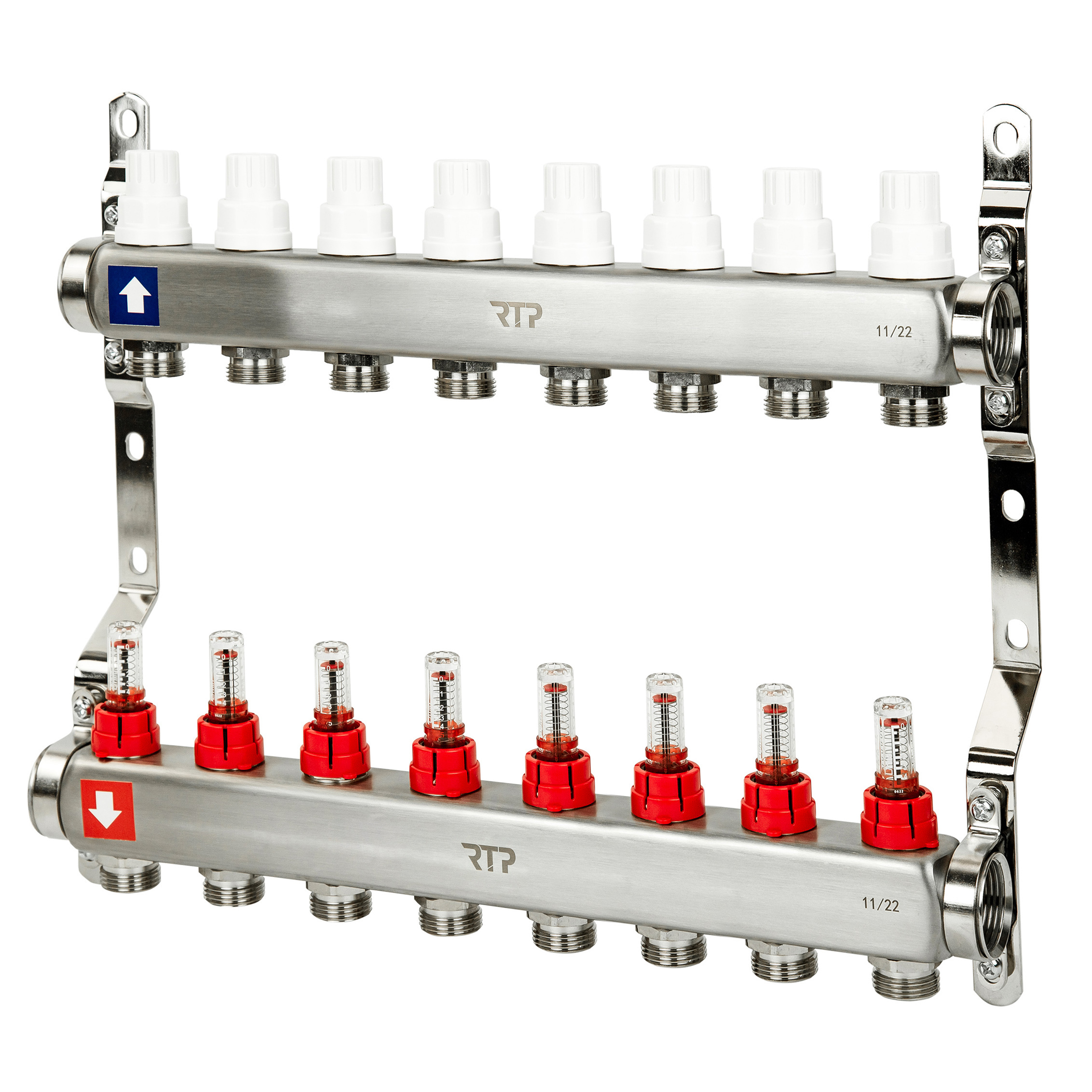 Изображение товара Коллекторная группа на 8 выходов из нержавеющей стали с расходомерами для отопления