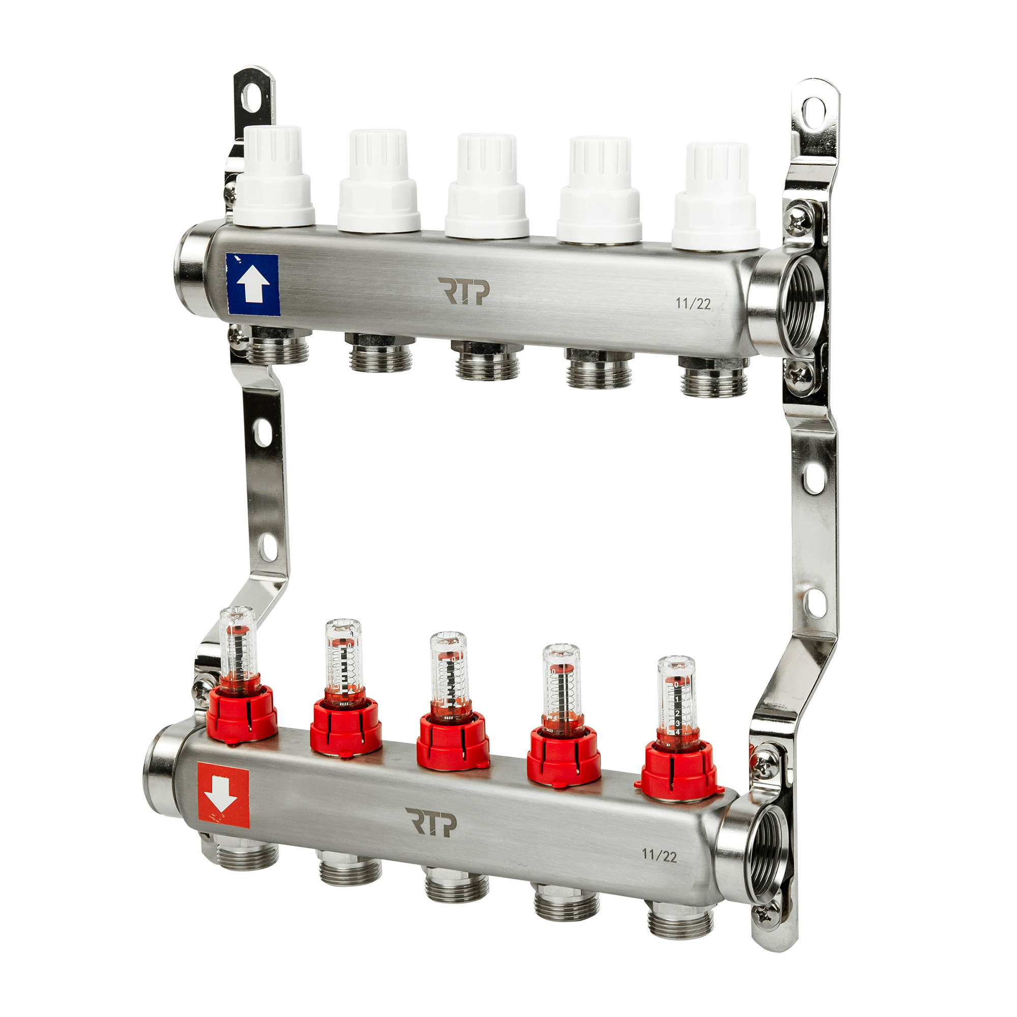 Изображение товара Коллекторная группа с расходомером и кронштейном Rtp 39420 на 5 выходов 1" нержавеющая сталь