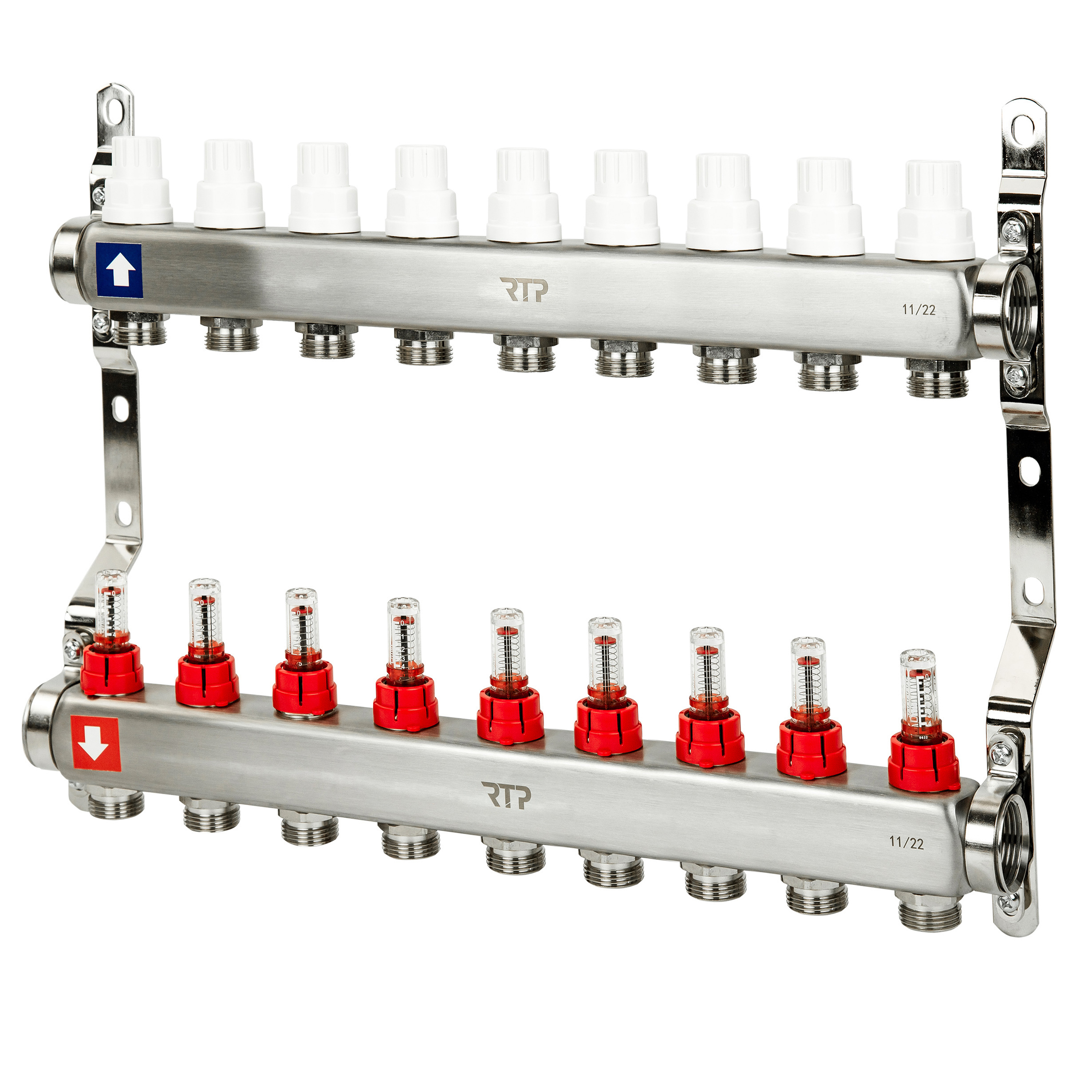 Изображение товара Коллекторная группа RTP с расходомером 9 выходов для радиаторного отопления 1" нержавеющая сталь
