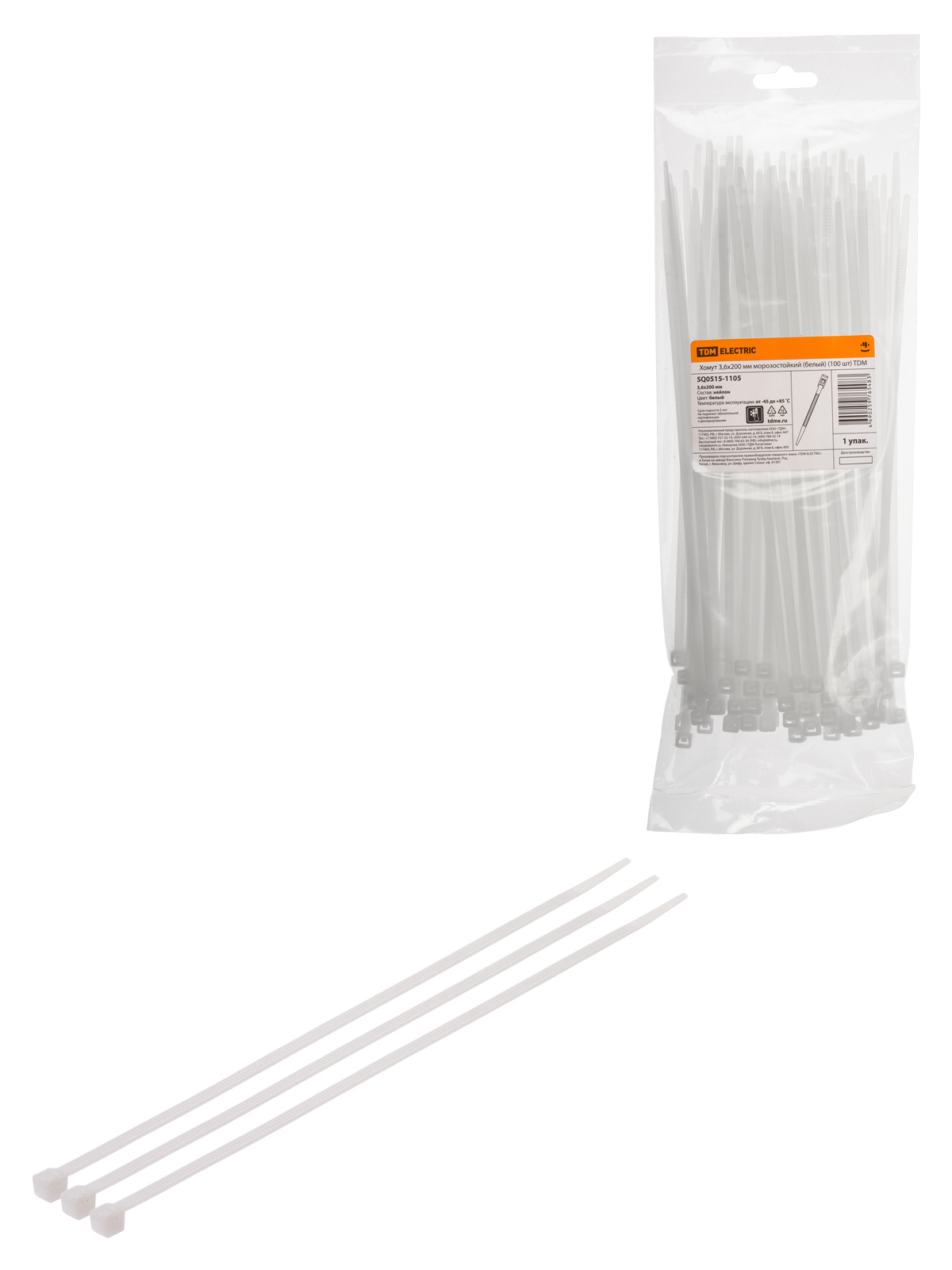 Изображение товара Кабельная стяжка Tdm electric 3.6x200 мм морозостойкий нейлон цвет белый 100 шт.