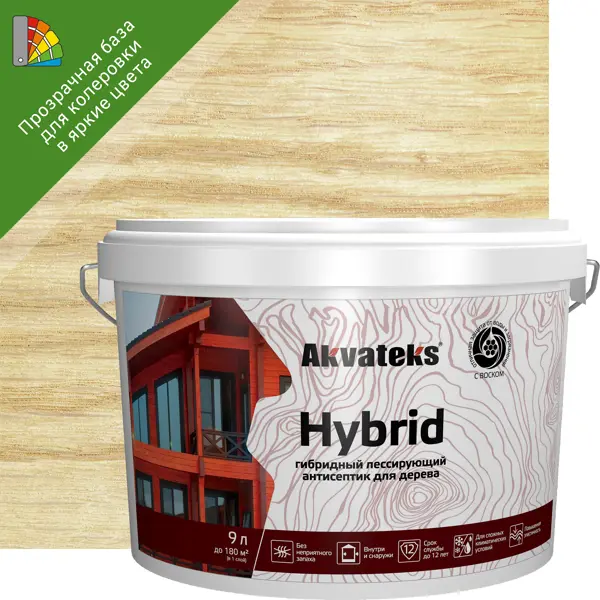 Фото Антисептик Akvateks Hybrid гибридный лессирующий полуматовый прозрачный 9 л