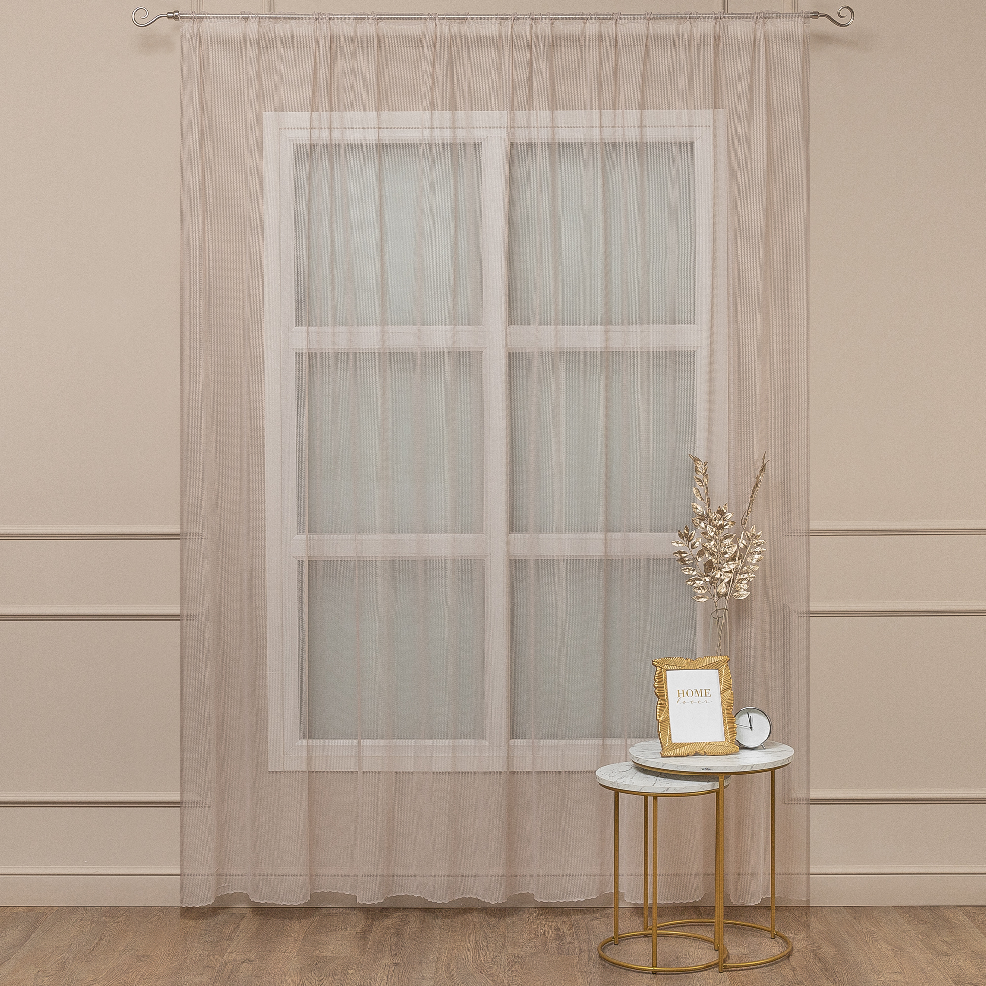 Изображение товара Тюль на ленте Premium 300x260 см бежевый полупрозрачный сетчатый текстиль