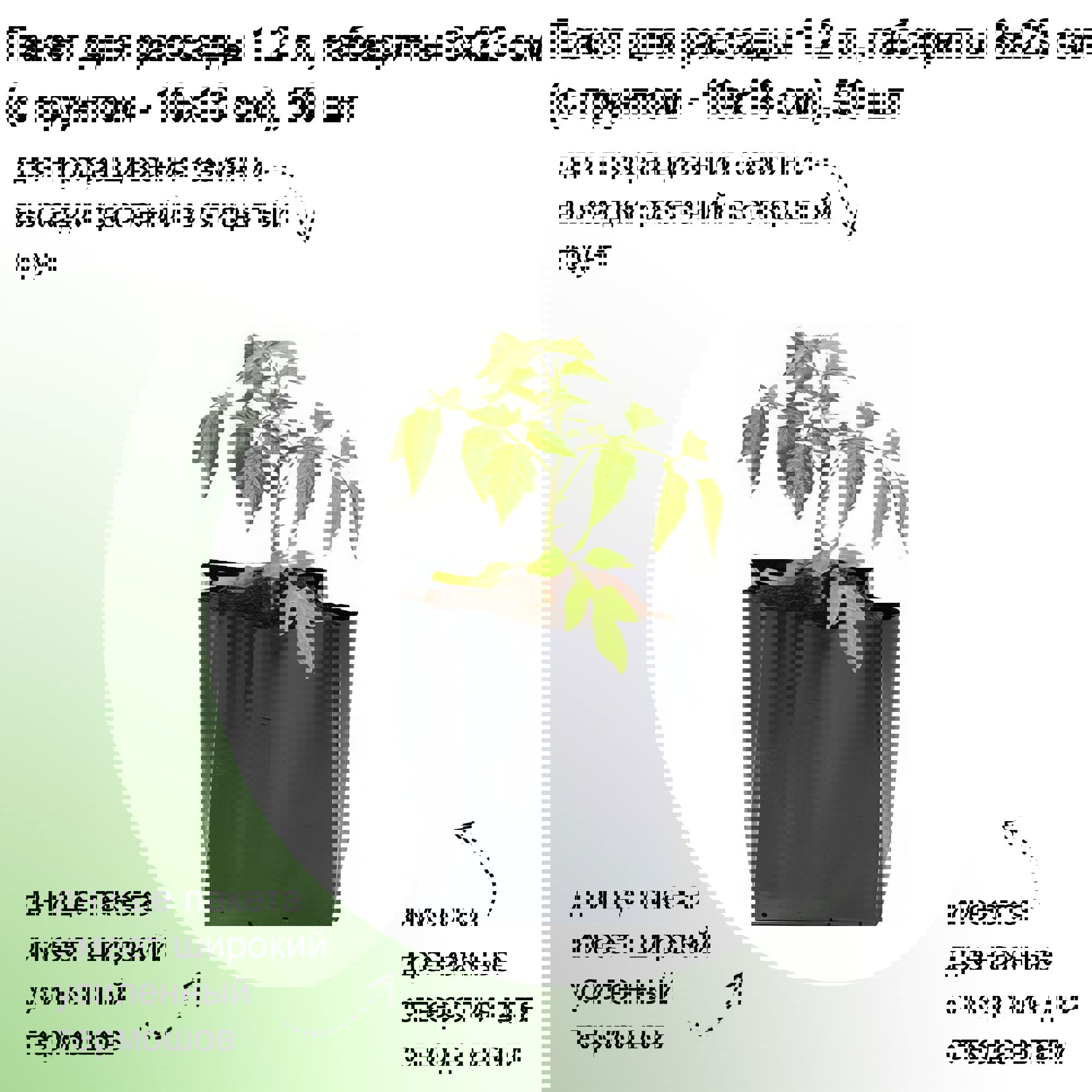 Изображение товара Пакет для рассады ЛЕТО 1.2 л 8x23 см с дренажом
