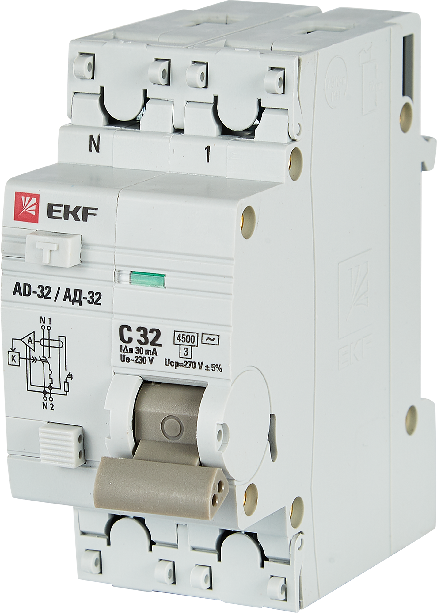 Изображение товара Дифференциальный автомат EKF АД-32 1P N C32 30 мА 4.5 кА AC