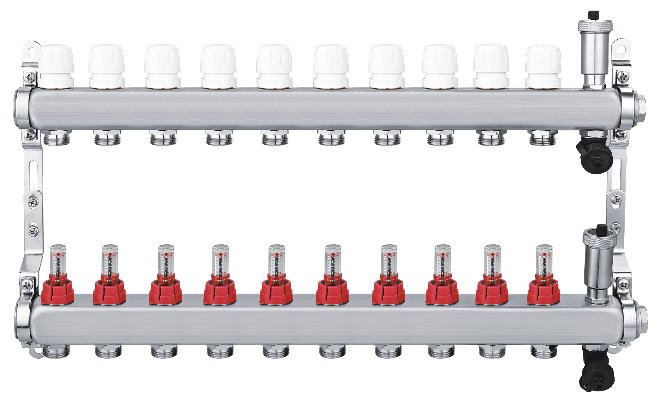 Изображение товара Коллекторная группа с расходомерами Спец 1"x3/4" на 10 выходов нержавеющая сталь