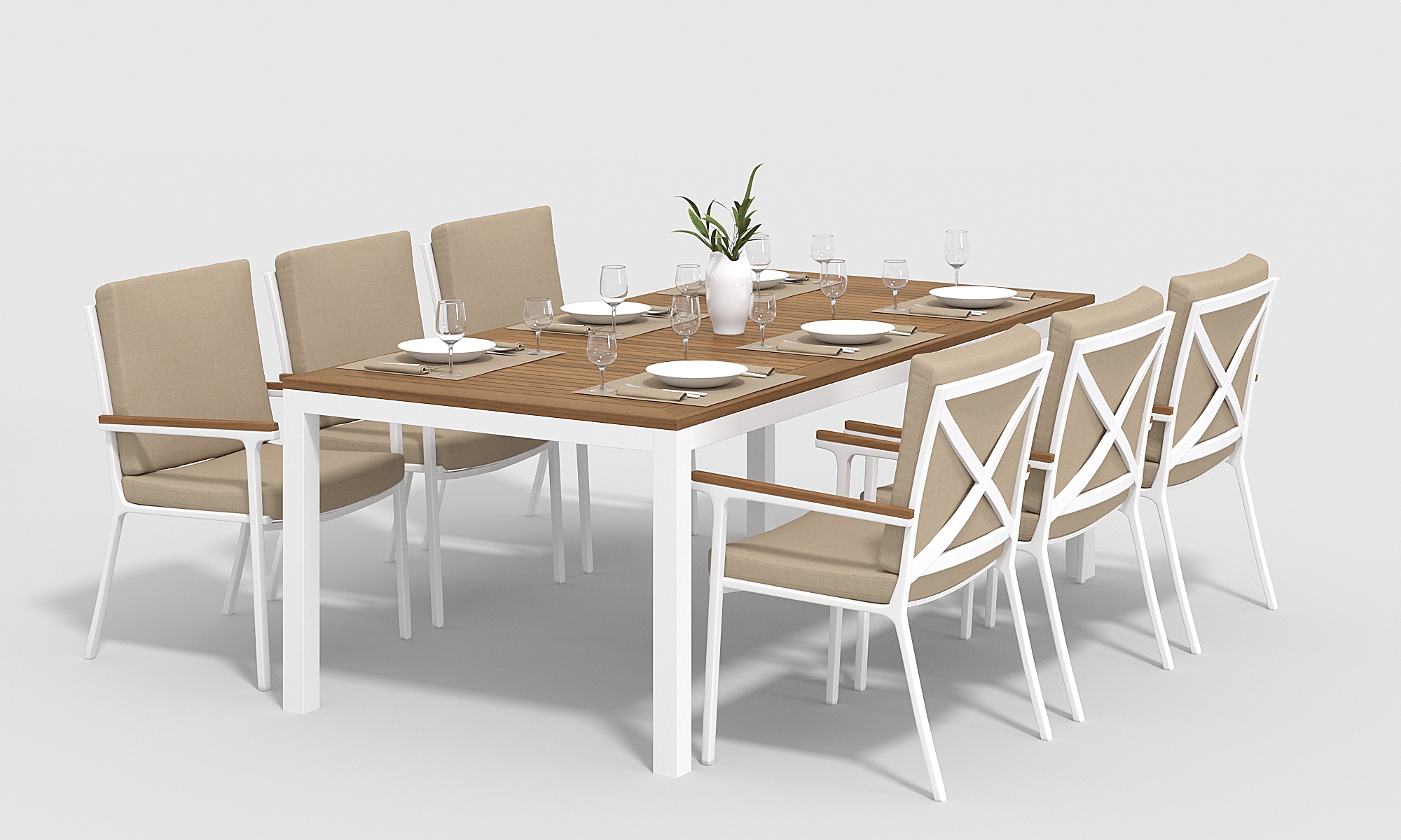 Изображение товара Садовая мебель для обеда Gardenini Bella 7 предметов алюминий и тик белый бежевый