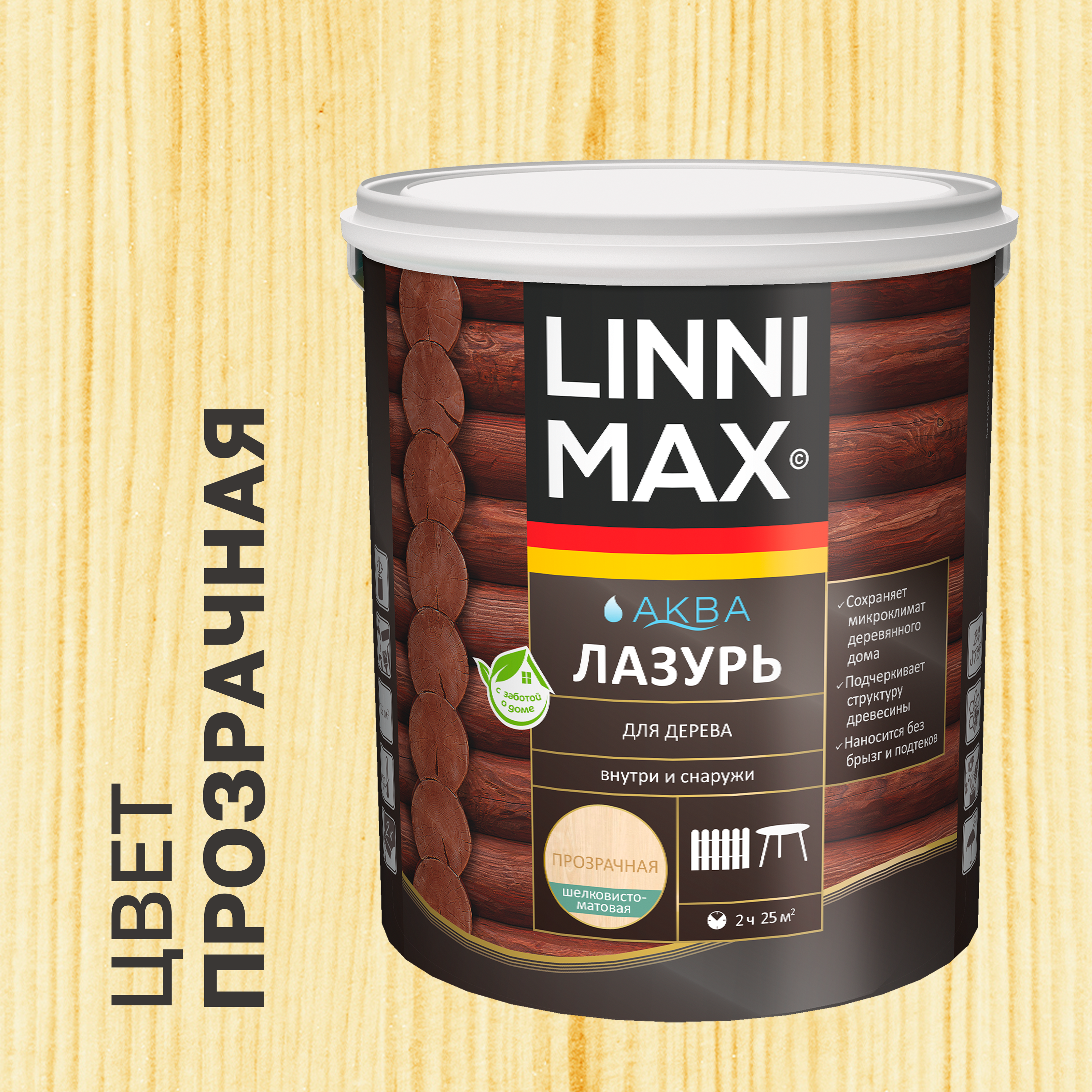 Изображение товара Лазурь для дерева Linnimax полуматовая 2.5 л — защита и декор натуральной древесины Изображение товара Лазурь для дерева Linnimax полуматовая 2.5 л — защита и декор натуральной древесины