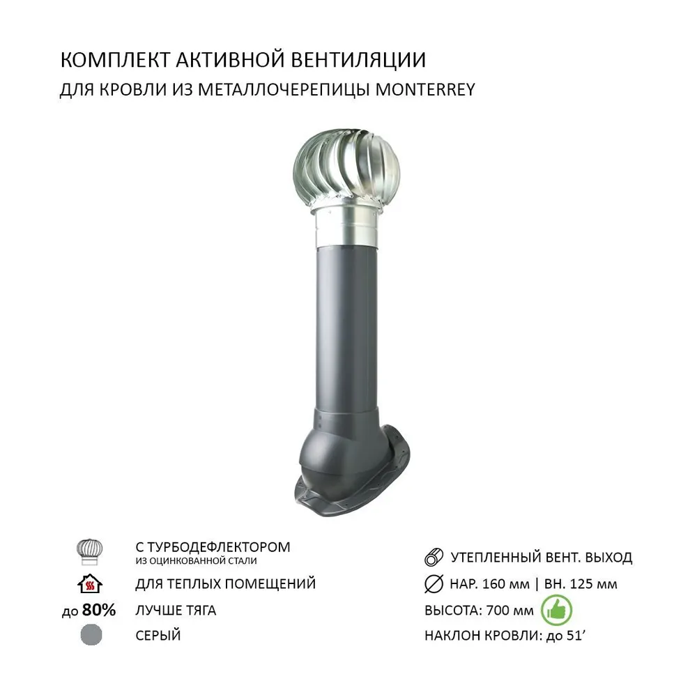Изображение товара Турбодефлектор Polivent TD160 ОЦ утепленный Н700 для металлочерепицы Monterrey цвет серый