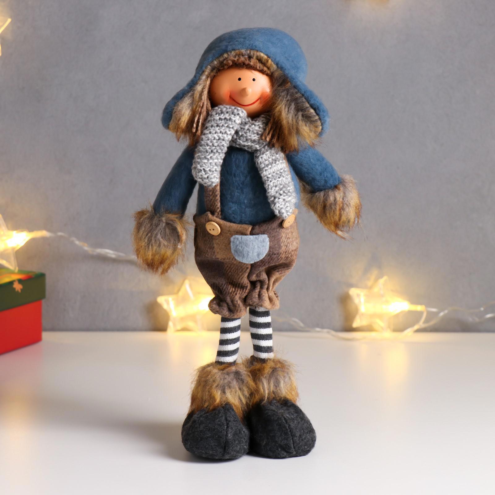 Изображение товара Кукла интерьерная "Мальчик в комбинезоне в клетку и синем колпаке" 40x9x15 см