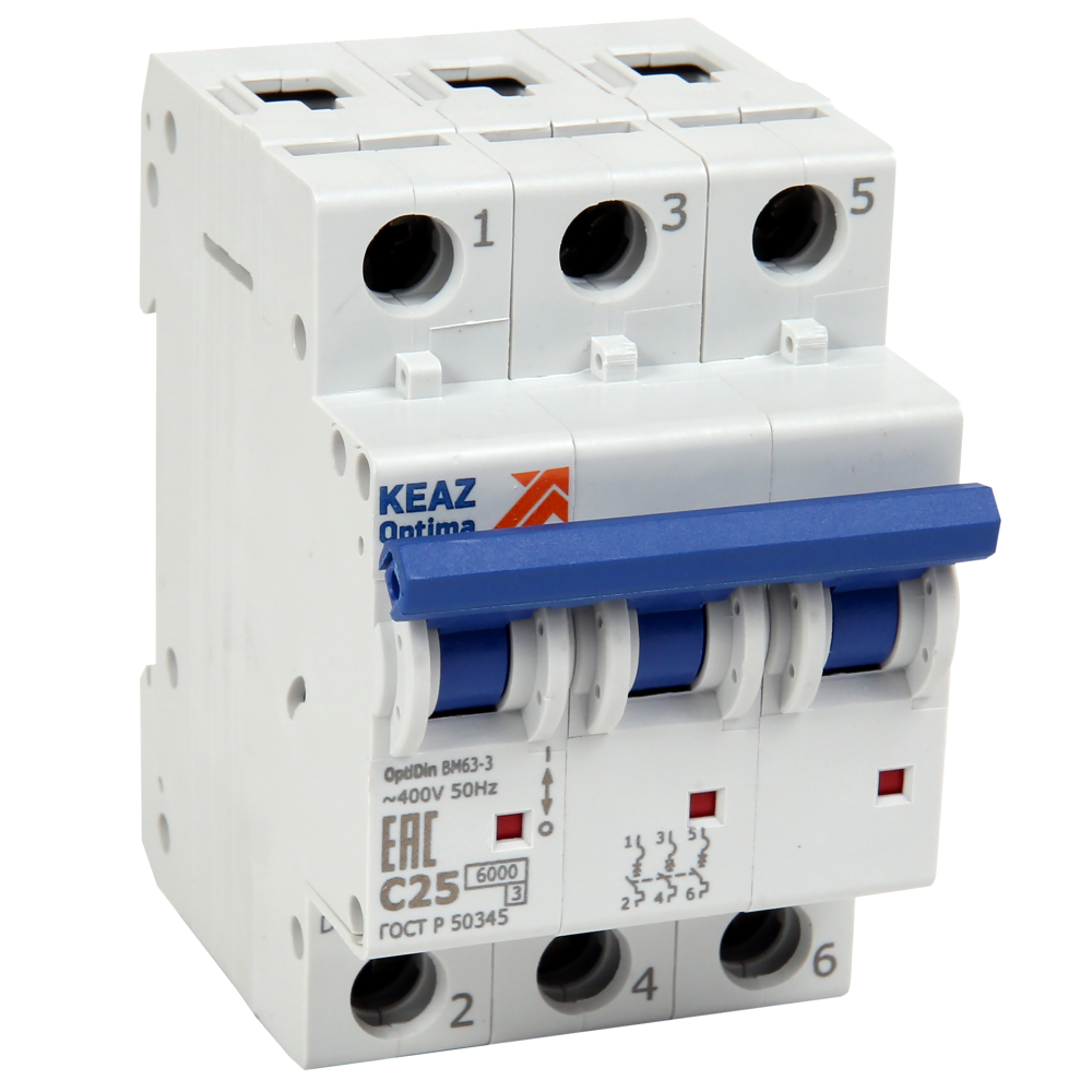 Изображение товара Автоматический выключатель КЭАЗ OptiDin BM63-3C6-УХЛ3 3P C6 А 6 кА 260803