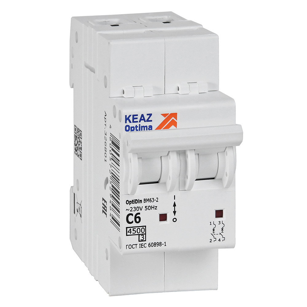 Изображение товара Автоматический выключатель КЭАЗ OptiDin BM63-2C6-4.5-УХЛ3 2P C6 А 6 кА 326801