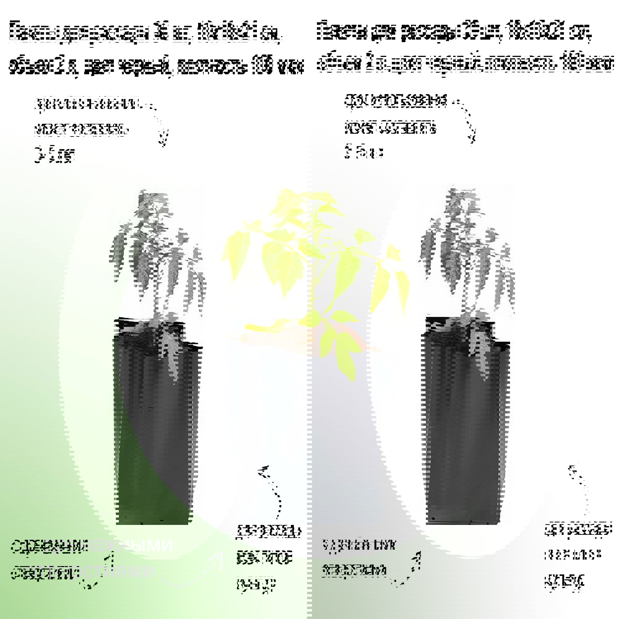 Изображение товара Пакеты для рассады Лето 30 шт 10x10x21 см 2 л цвет черный