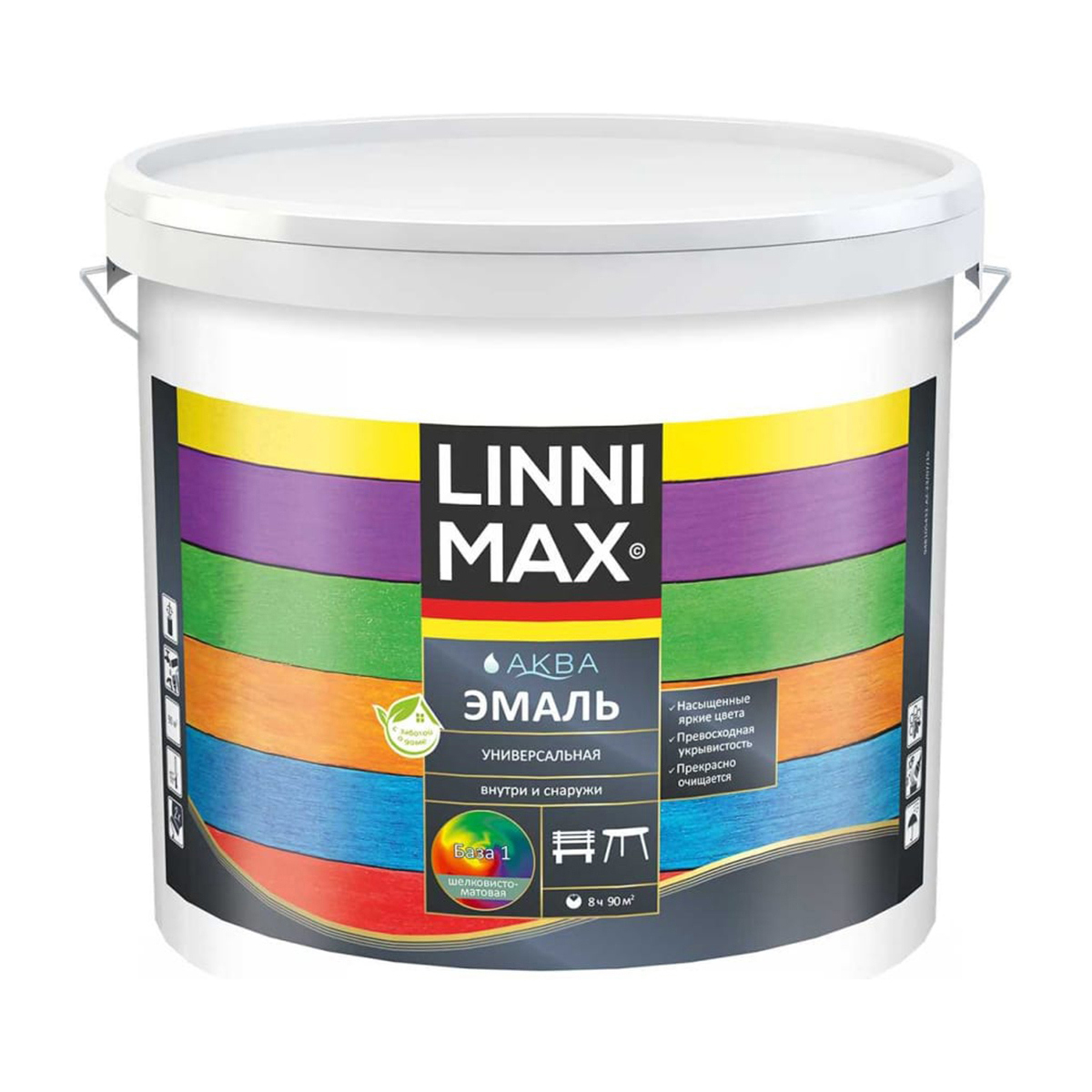Изображение товара Эмаль акриловая Linnimax Аква шелковисто-матовая белая база А 9 л