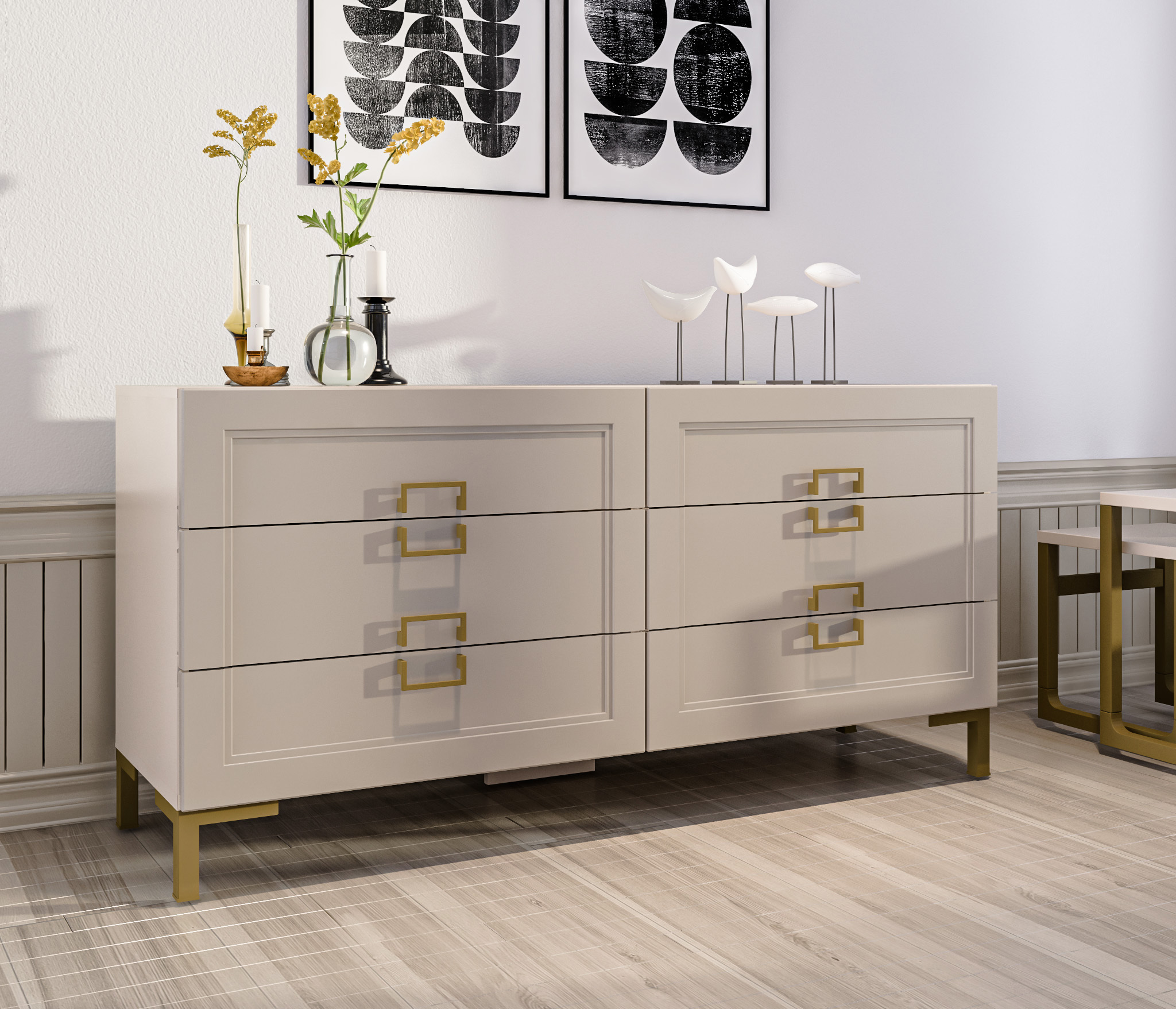 Изображение товара Комод Ассоль СБ-3435 6 ящиков из ЛДСП серый/фронт фрапучино глянцевый стиль современный