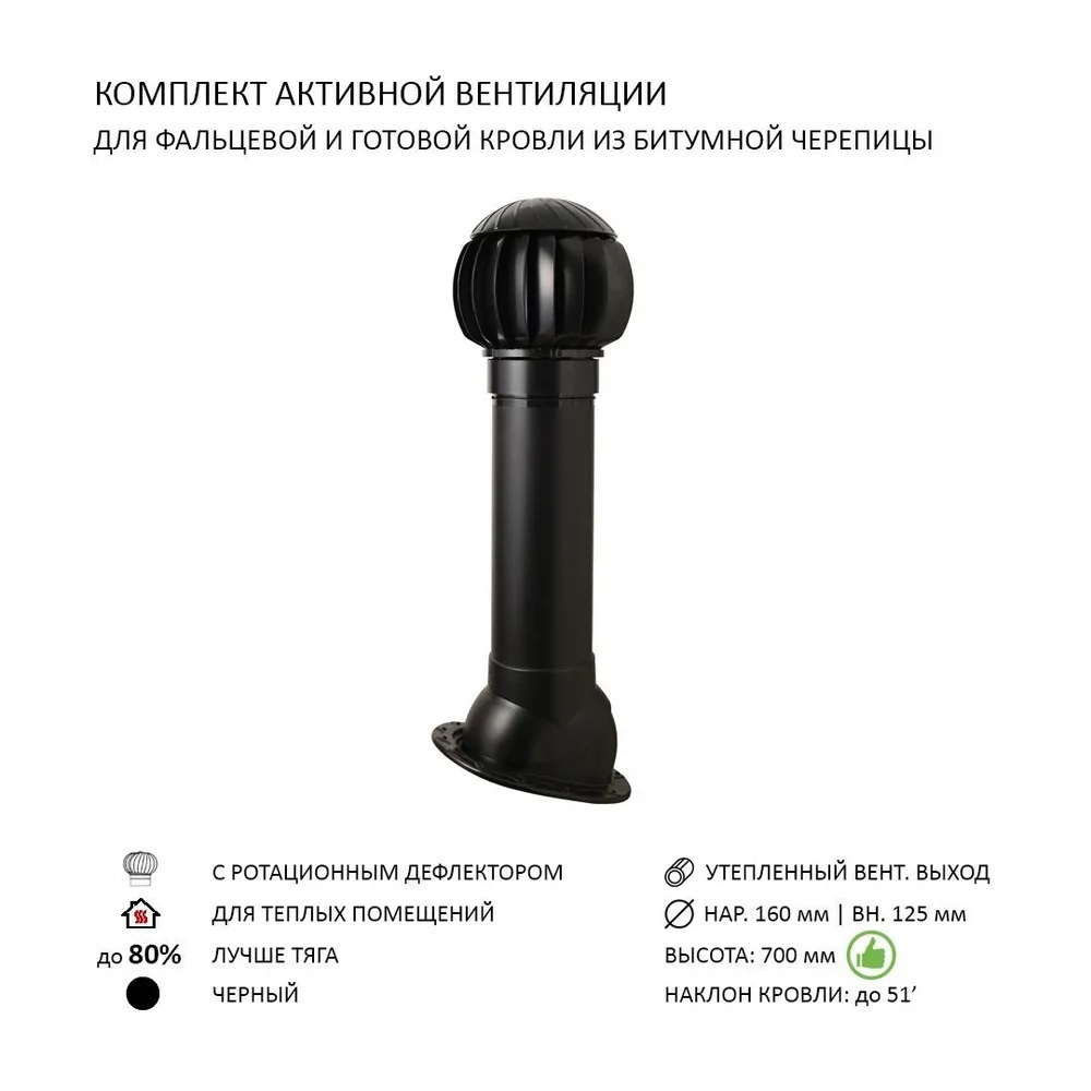 Изображение товара Нанодефлектор Polivent ND160 с утепленным выходом Н700 черный для скатной кровли