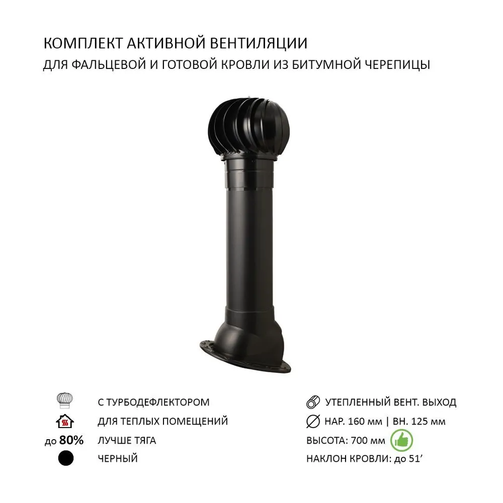 Изображение товара Турбодефлектор Polivent TD160 утепленный H-700 для скатной кровли цвет чёрный