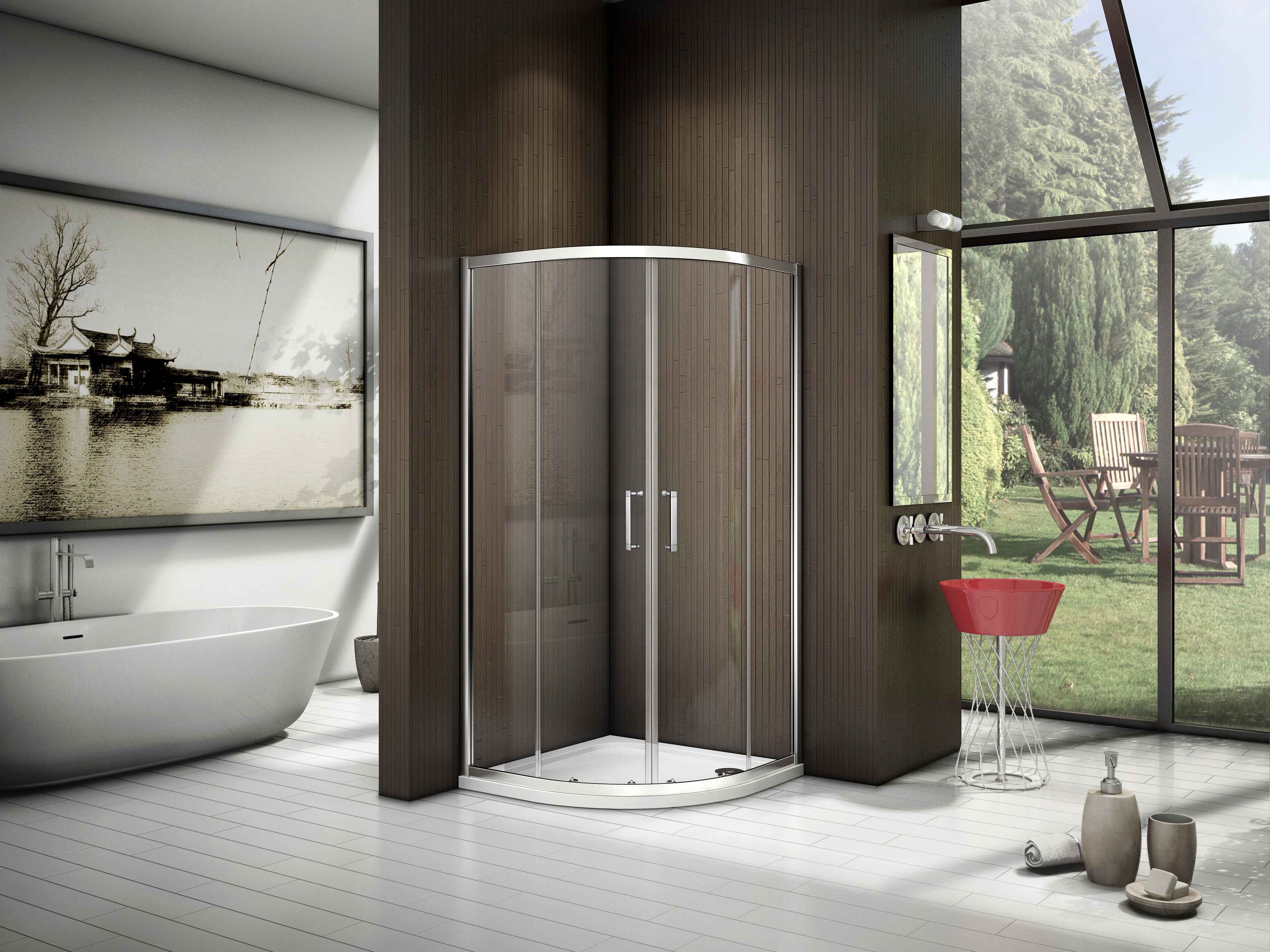 Изображение товара Душевой уголок Makiato R-90-C-WE, 1/4 круга 90x90 см хромированный профиль прозрачное стекло раздвижной