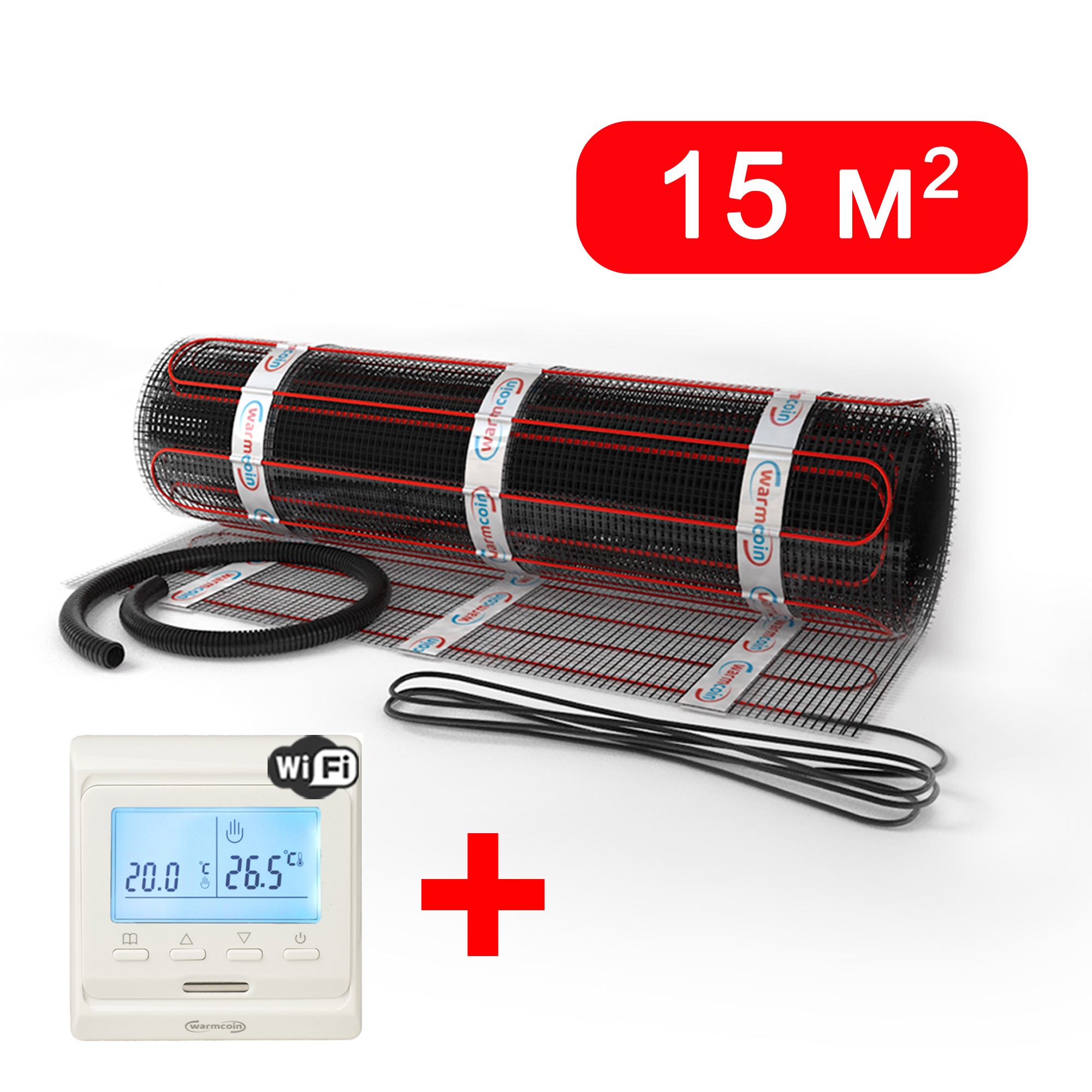 Изображение товара Нагревательный мат для теплого пола Warmcoin Black 15 м² 2250 Вт с терморегулятором Wi-Fi