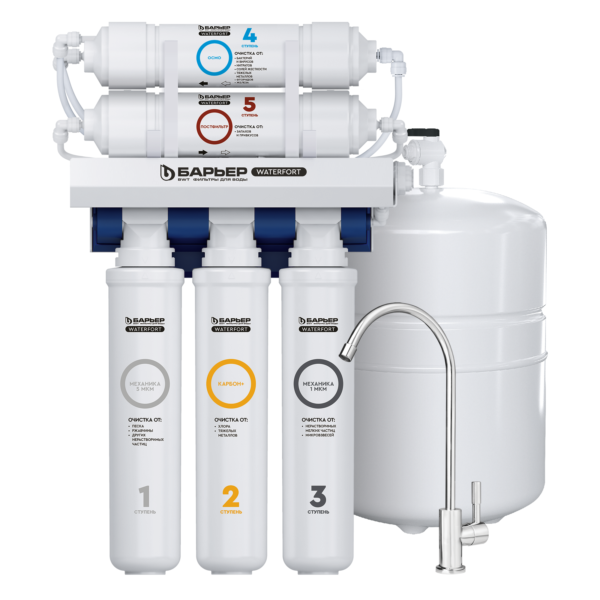 Система обратного осмоса Барьер Waterfort OSMO быстросъемный 5 ступеней бак 12 л кран в комплекте
