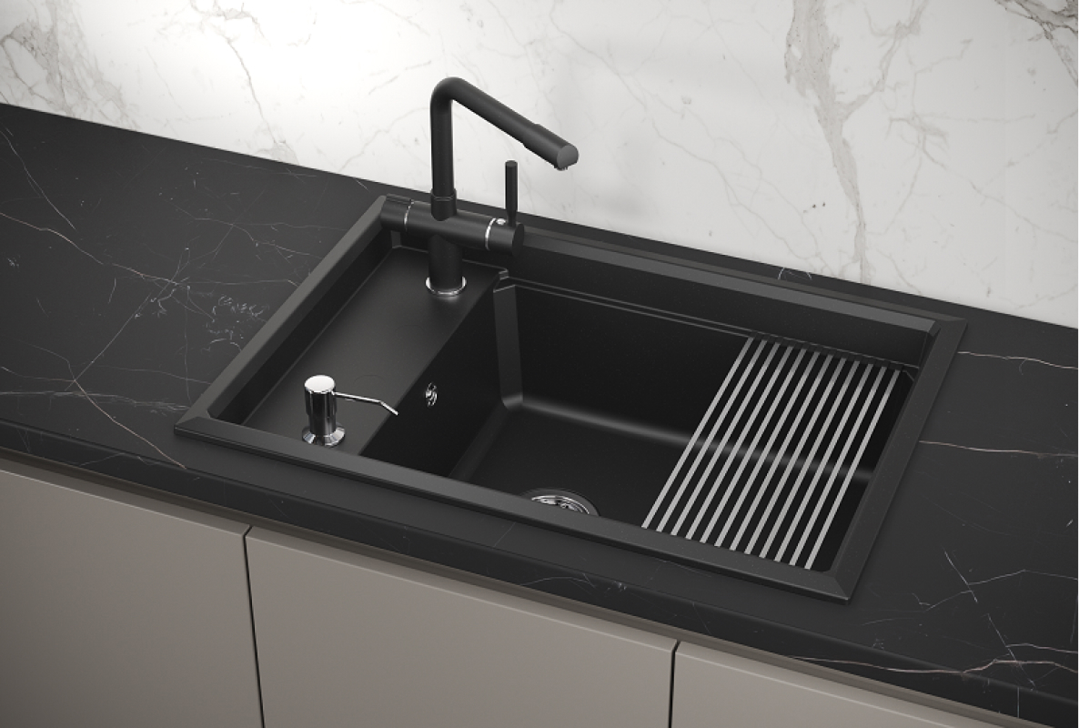 Изображение товара Врезная кухонная мойка Granula 7305 из искусственного камня черный металлик 73x73 см